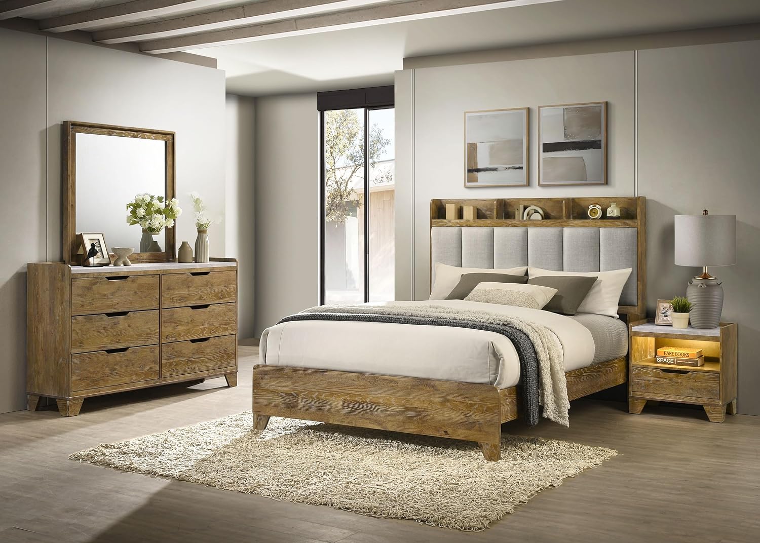 Coaster Home Furnishings - Henderson - Wood - 4-Piece Bedroom Set with Bookcase Headboard, USB Charging and Rustic Style - Bedroom - Eastern King Size - Medium Oak - 222971KE-S4