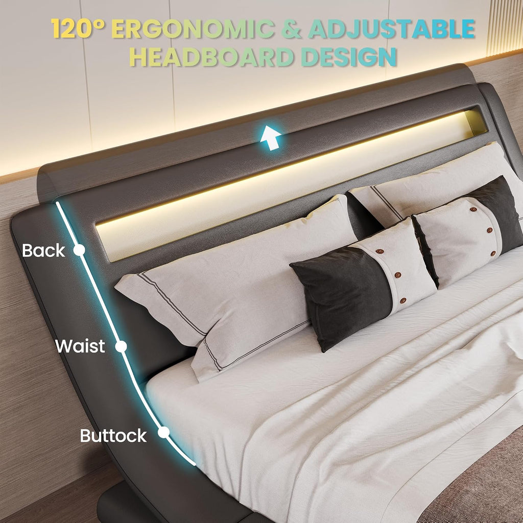 SHA CERLIN LED Queen Bed Frame with Adjustable Headboard - Low Profile Sleigh Design, Strong Wood Slats Support and Mattress Foundation, No Box Spring Needed, Grey