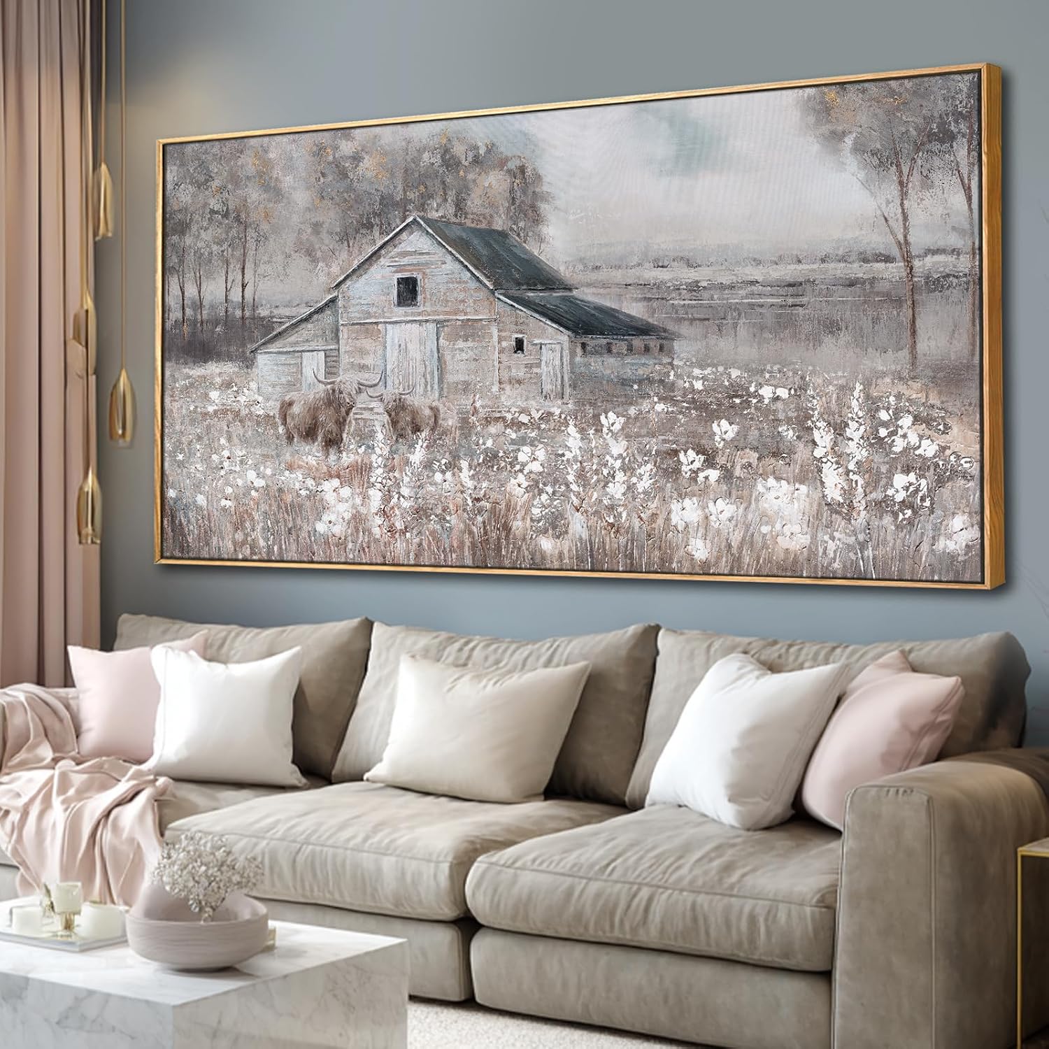 SDYA Flower Canvas Wall Art Cow Pictures Wall Decor Landscape Photo Prints 29'x58' Large Artwork for Living Room Poster for Office