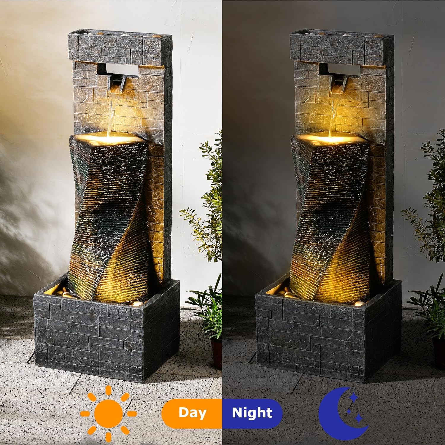 39.8'' Tall Modern Spiral Waterfall Fountain Outdoor/Indoor Water Fountain Resin Stone-Like Water Feature with LED Lights for Outside, Garden, Patio, Porch, Deck, Backyard, Home Decor