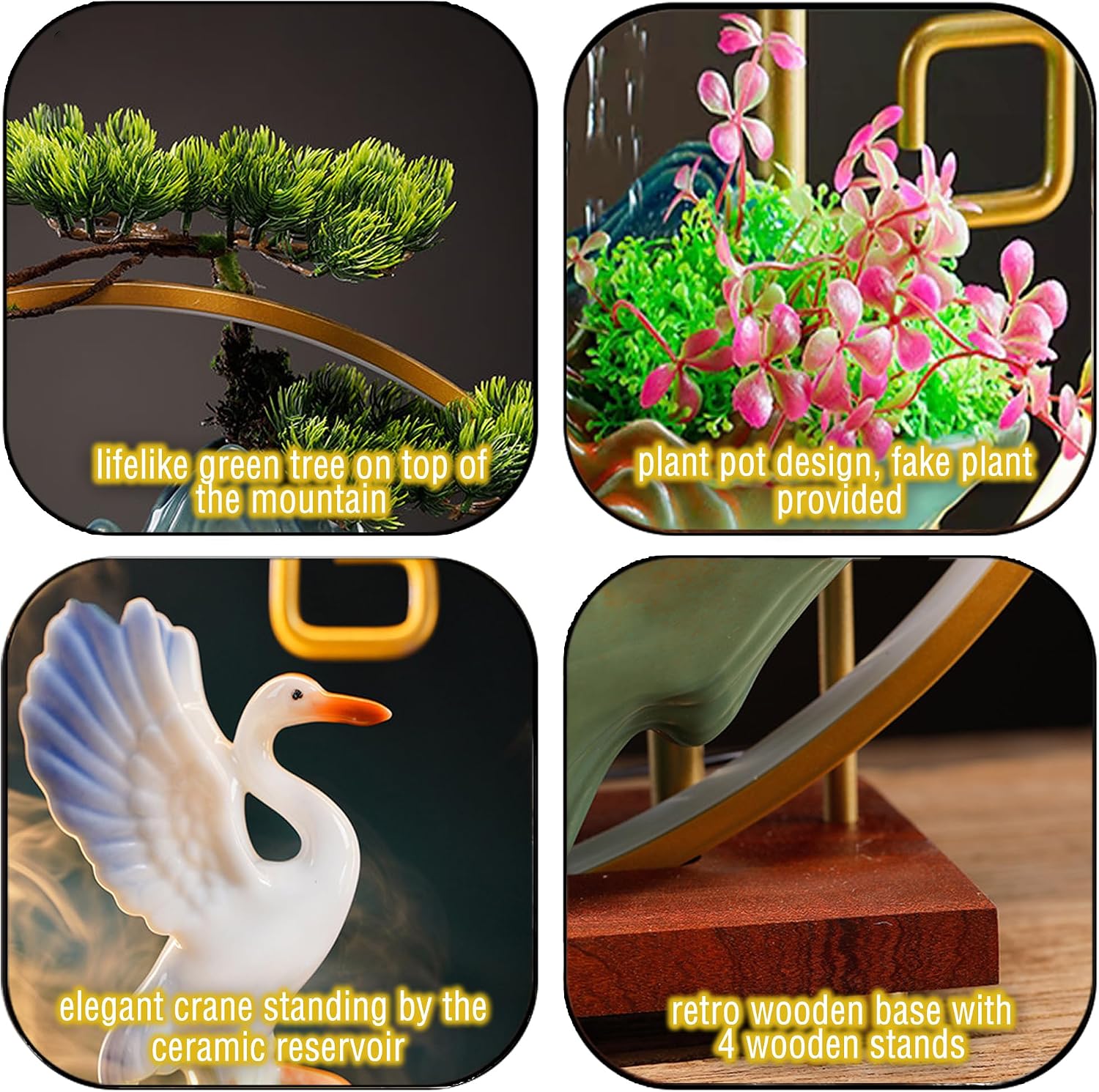 Tabletop Water Fountains Indoor Waterfall Desktop Fountain for Meditation with Mist Japanese Fountain with Fake Plants Feng Shui Office Home Decor for Good Luck Wealth (Crane)