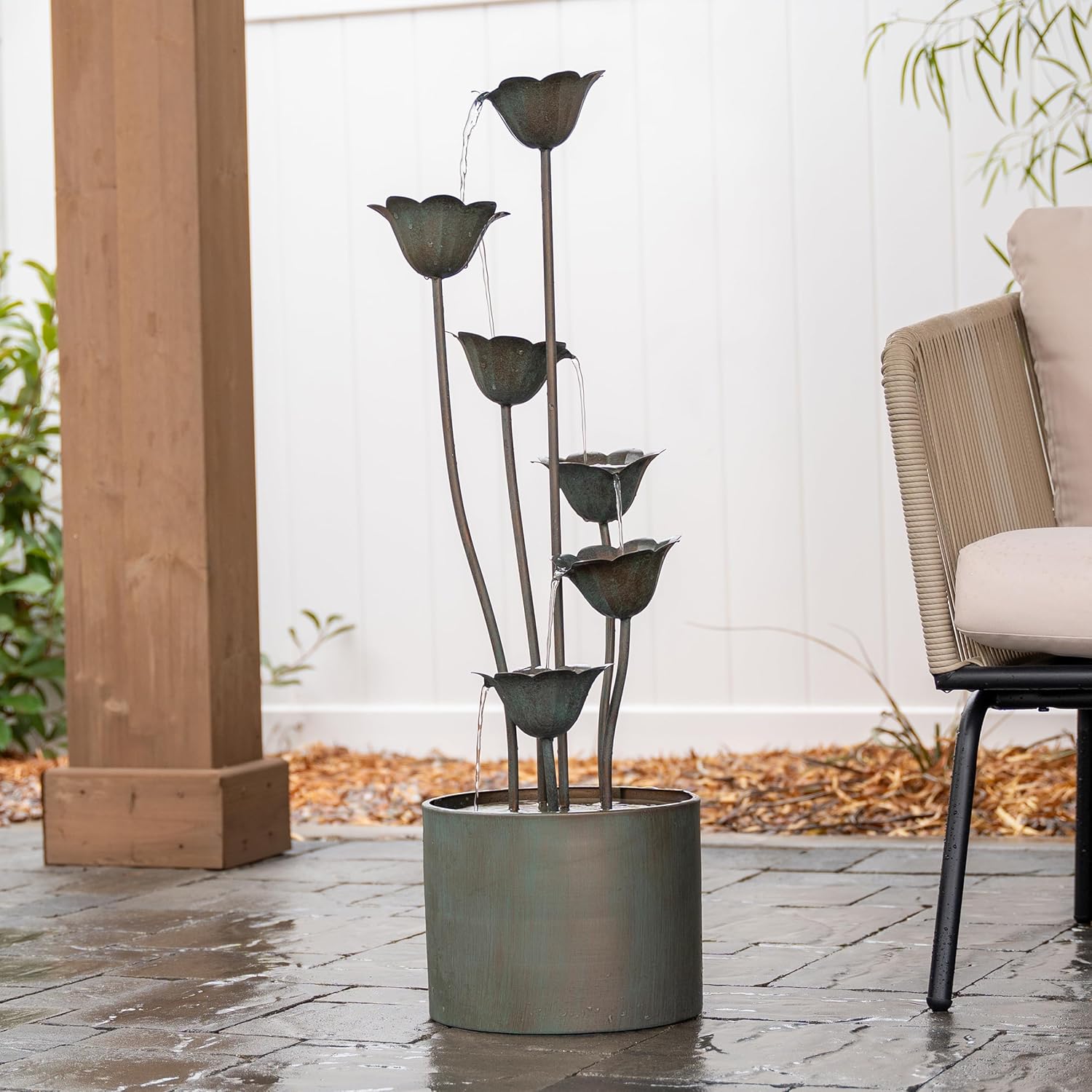 XBrand 35-Inch Freestanding Sculptural Metal Multi-Tier Flower Water Fountain, Silver