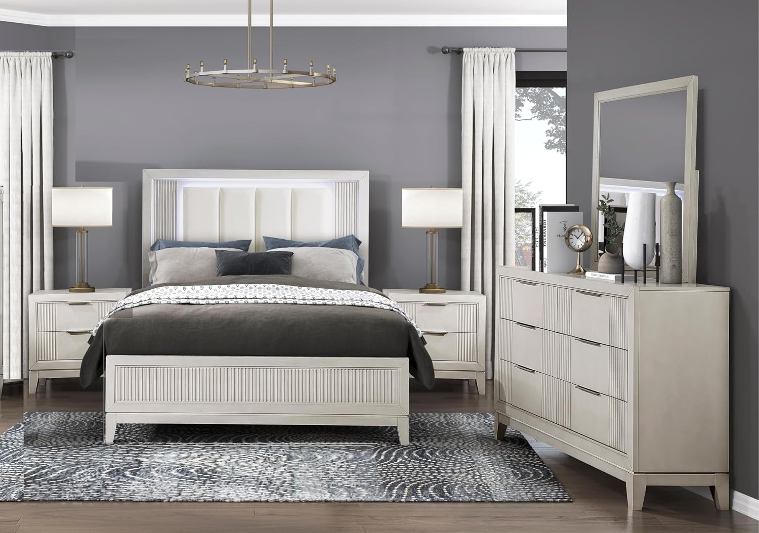 Modern Antique White Finish Bedroom Set 5 Piece California King Size Bed with LED Light Wooden Furniture