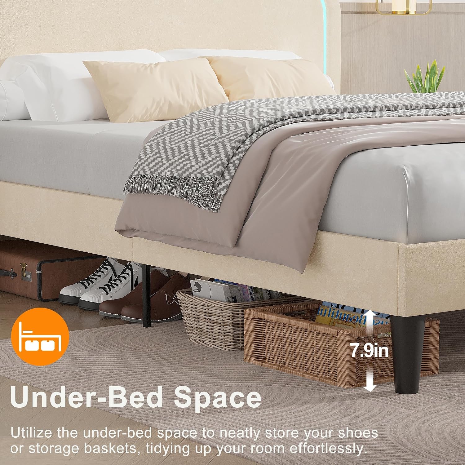 VECELO Upholstered Queen Size Bed Frame with Headboard Adjustable, LED Lights, USB-A & Type-C, Velvet Platform Bed Noise Free, Mattress Foundation with Wooden Slats, No Box Spring Needed, Beige