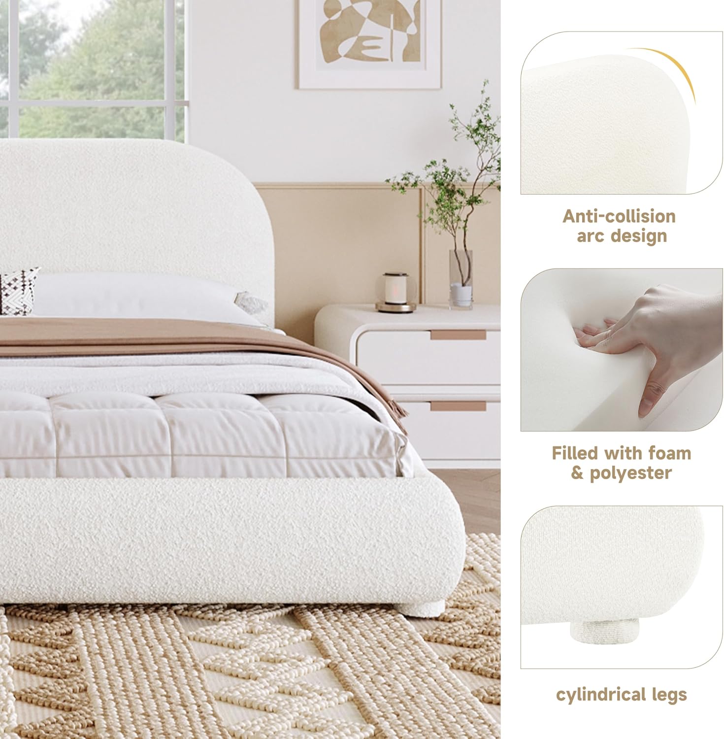KLMM Upholstered Platform Bed with Thick Fabric, Solid Frame and Curve-Shaped Design,for Kids Teens Adults Bedroom (Cream/Boucle1, King)