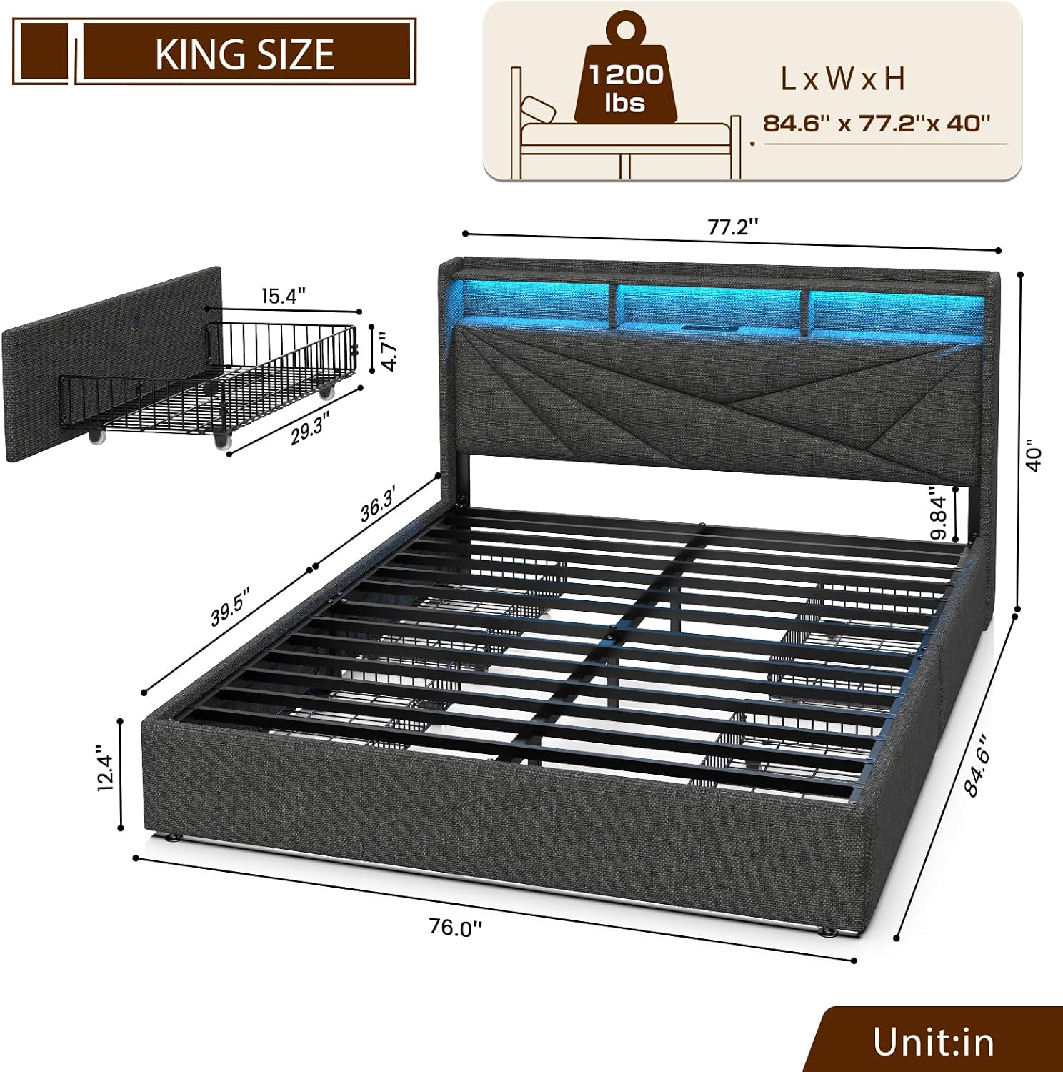 Driftalia LED King Size Bed Frame with 4 Storage Drawers, Upholstered King Bed Frame with 2-Tier Headboard and Charging Station, No Box Spring Needed, Easy to Assembly - Black Grey