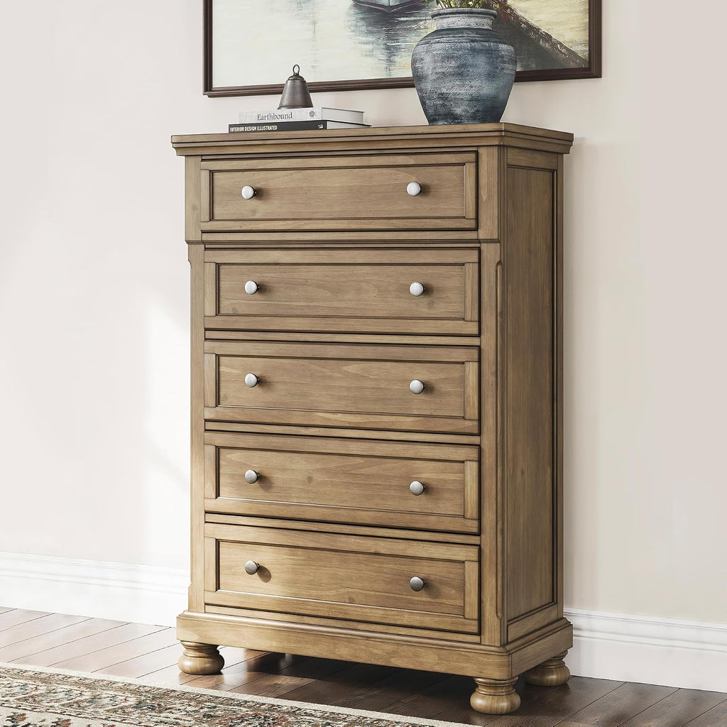 Signature Design by Ashley Glarrison Farmhouse 5-Drawer Chest with Felt-Lined Top Drawer and Easy Glide for Bedroom, Light Brown