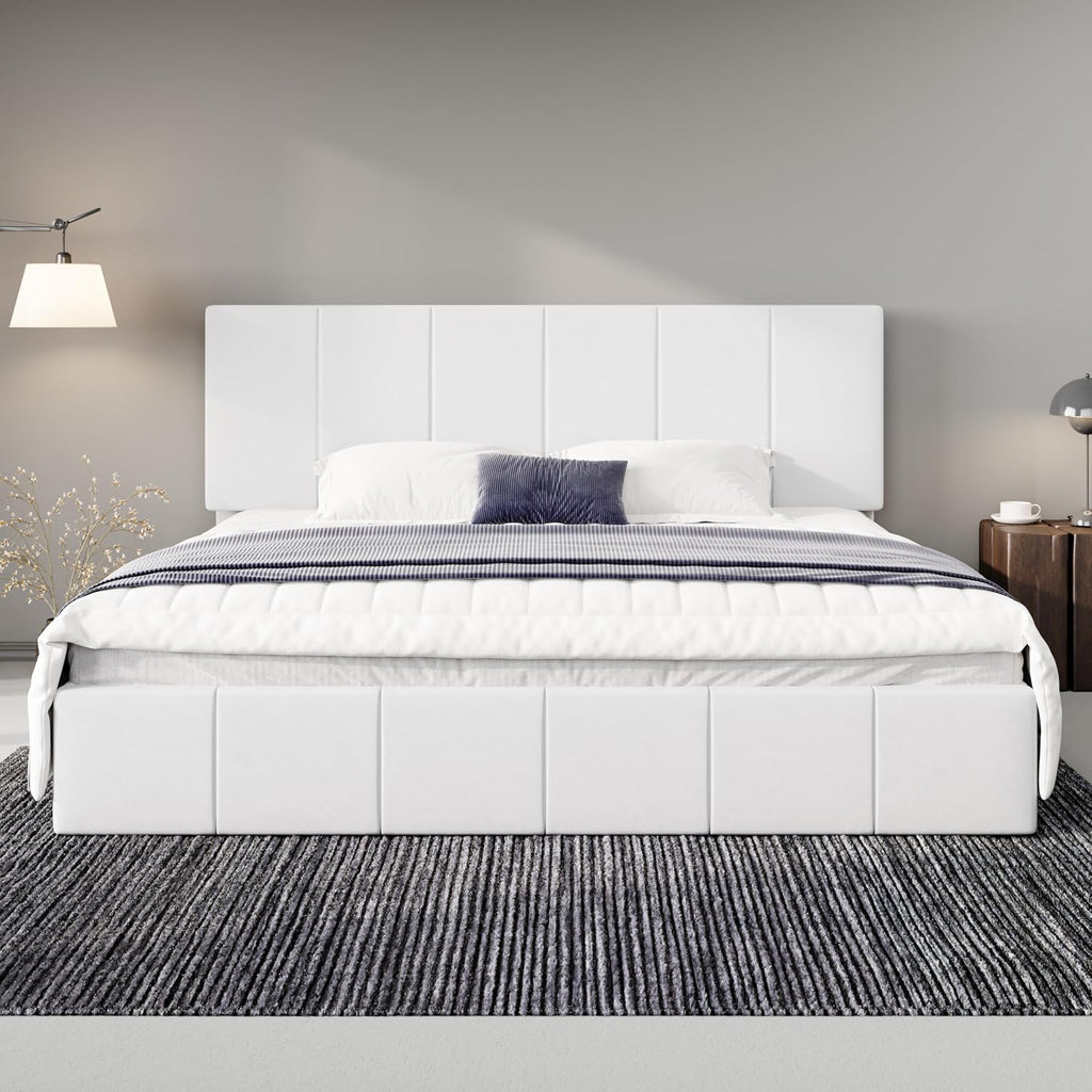 Allewie King Size Dutch Velvet Upholstered Platform Bed Frame/Vertical Channel Tufted Adjustable Headboard/Low Profile Bed Frame/No Box Spring Needed/Easy Assembly/White