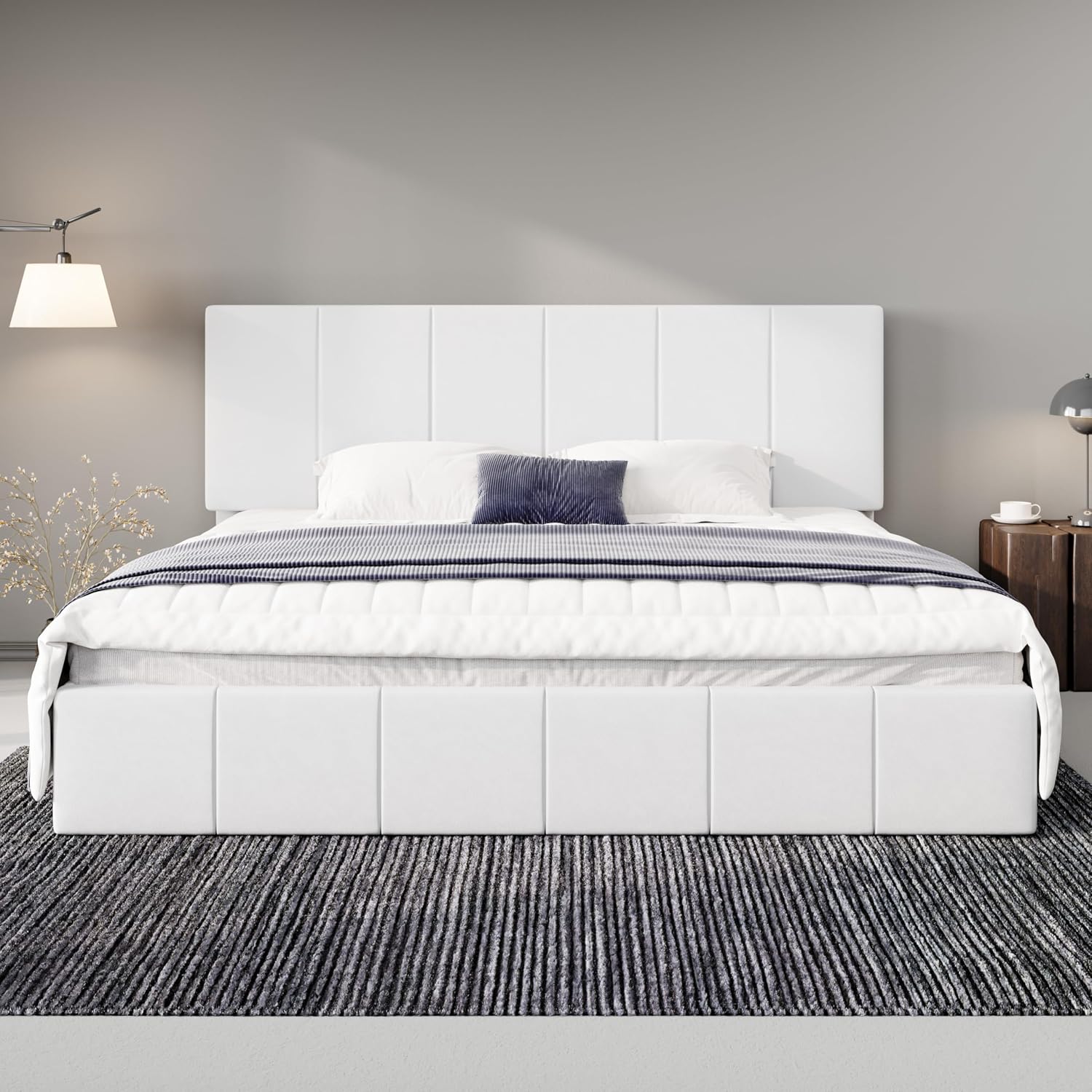 Allewie King Size Dutch Velvet Upholstered Platform Bed Frame/Vertical Channel Tufted Adjustable Headboard/Low Profile Bed Frame/No Box Spring Needed/Easy Assembly/White