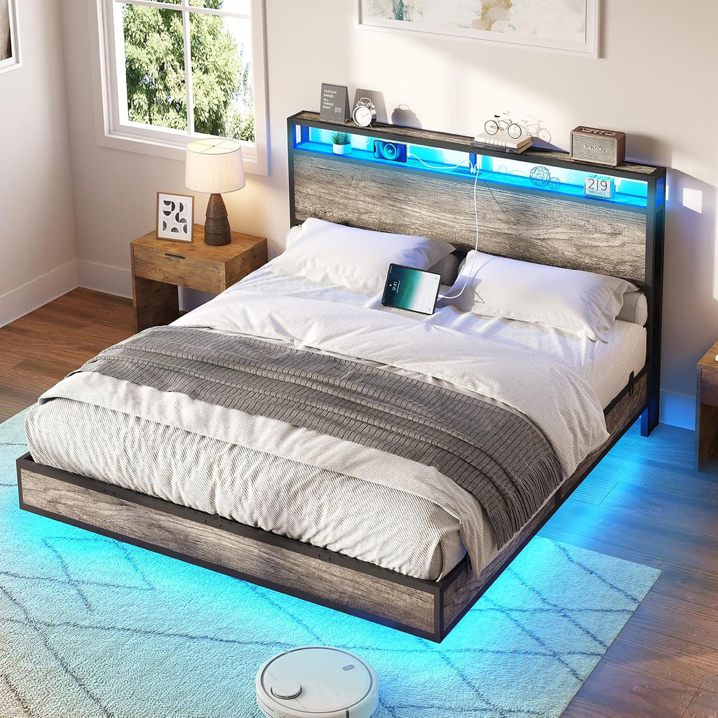 AMERLIFE Full Size Floating Bed Frame with 2-Tier Storage Headboard, Metal Bed Frame with Charging Station & LED Lights, No Box Spring Needed, Rustic Grey
