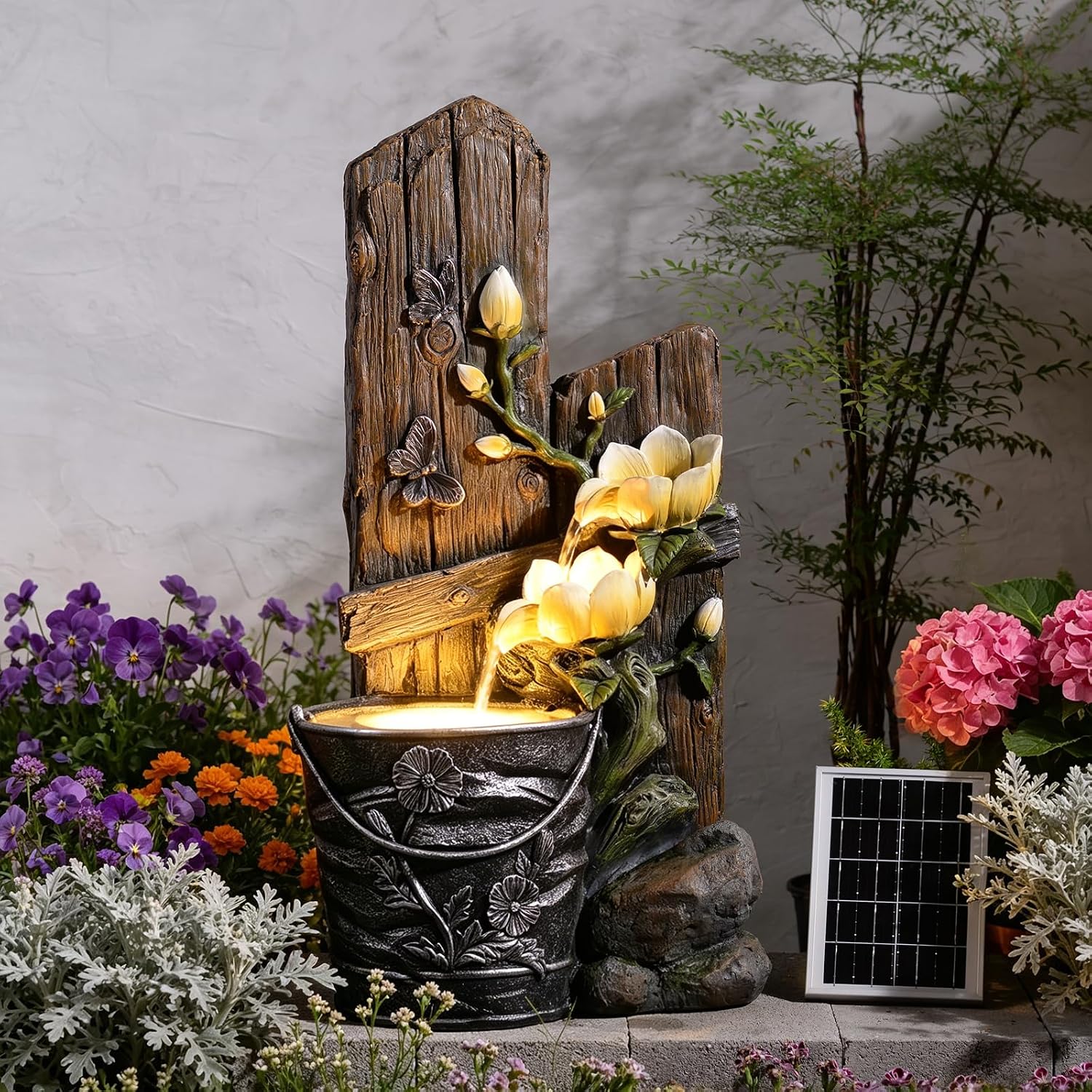 30.7' Tall Solar Water Fountain Outdoor Garden, 3 Tier Rustic Solar Powered Fountain Outdoor Faux Iron Bucket with LED Lights for Garden, Patio, Backyard, Deck, Porch, Yard