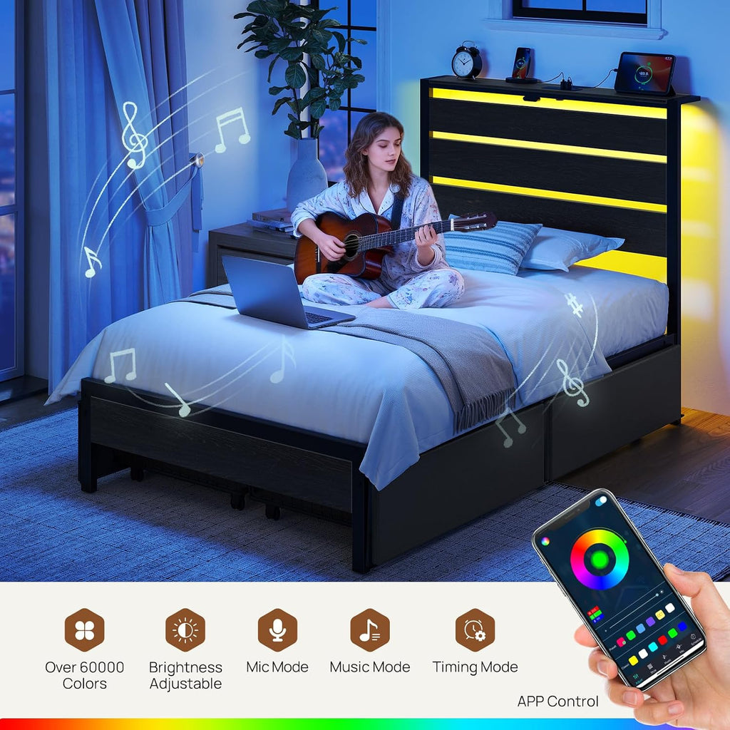Rolanstar Twin Bed Frame with 4 Drawers, LED Lights and Charging Station, Metal Platform Bed with Storage Headboard, Noise Free, Easy Assembly, No Box Spring Needed, Black