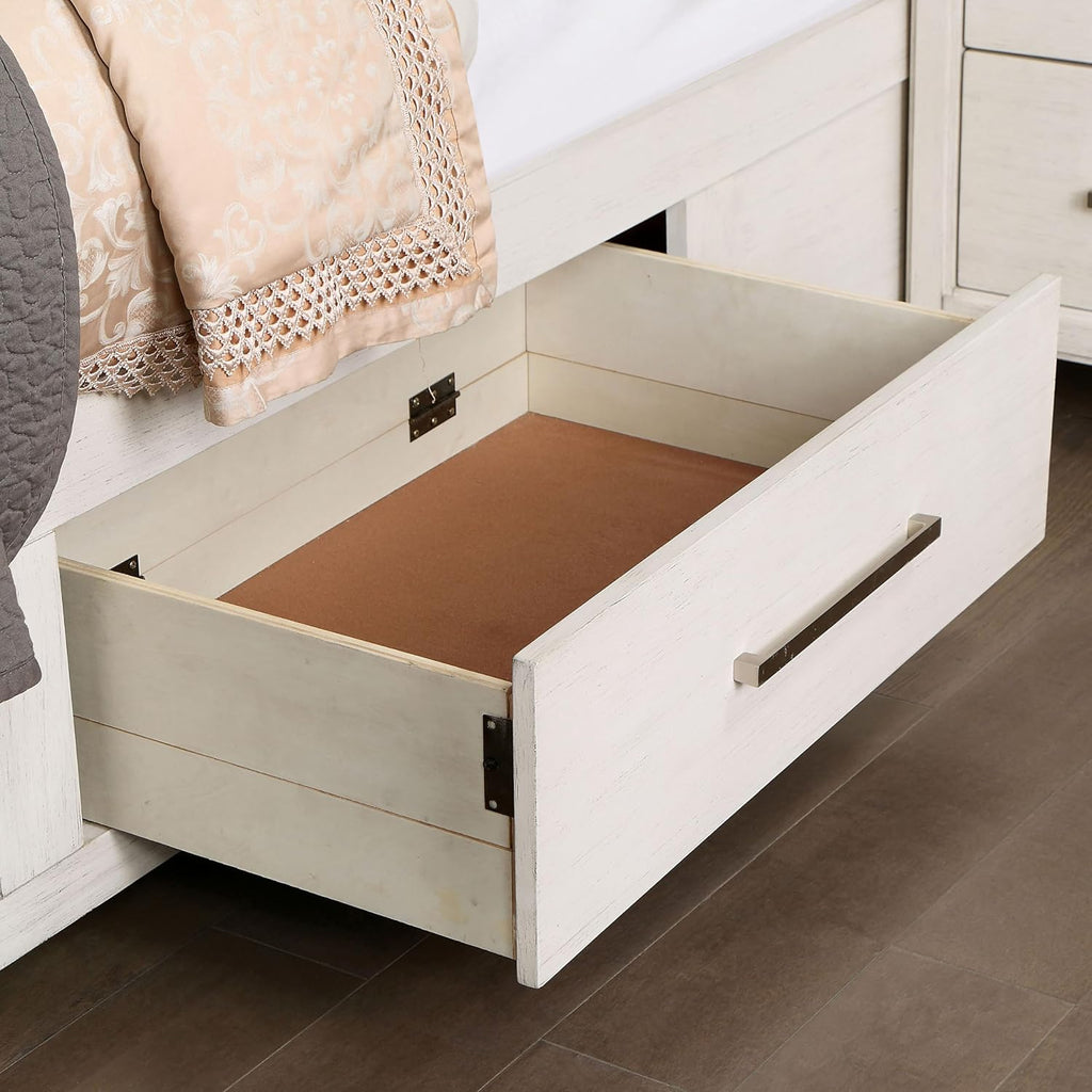 Furniture of America Echo Solid Wood 5-Piece Bedroom Set, Queen Size Platform Bed with Drawers and LED Lighting, Felt-Lined Top Storage, No Box Spring Required, White