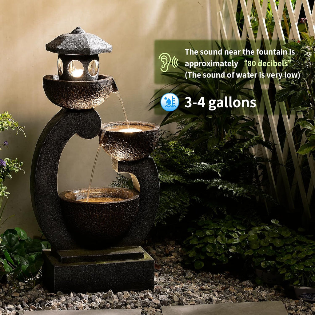 Outdoor Water Fountain with LED Lights, 3-Tier Zen Garden Fountain for Patio, Yard & Porch Decor – Durable Resin Waterfall Feature with Modern Japanese-Style Design, 35' Tall