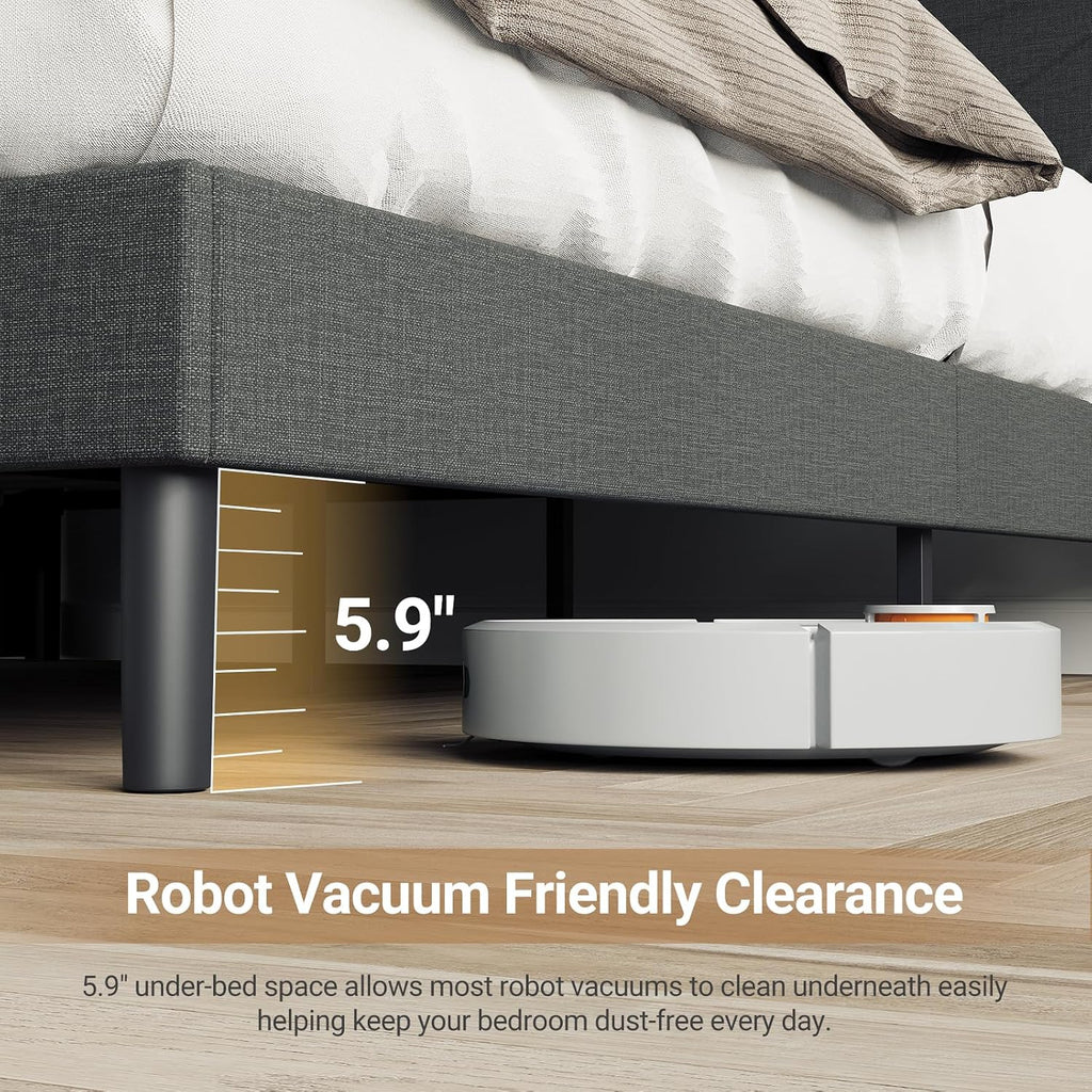 COLAMY Queen Bed Frame with Charging Station & LED Lights, Upholstered Headboard with 2-Tier Storage, Heavy Duty Metal Platform Bed with Wood Slats, No Box Spring, Noise-Free, Easy Assembly, Grey
