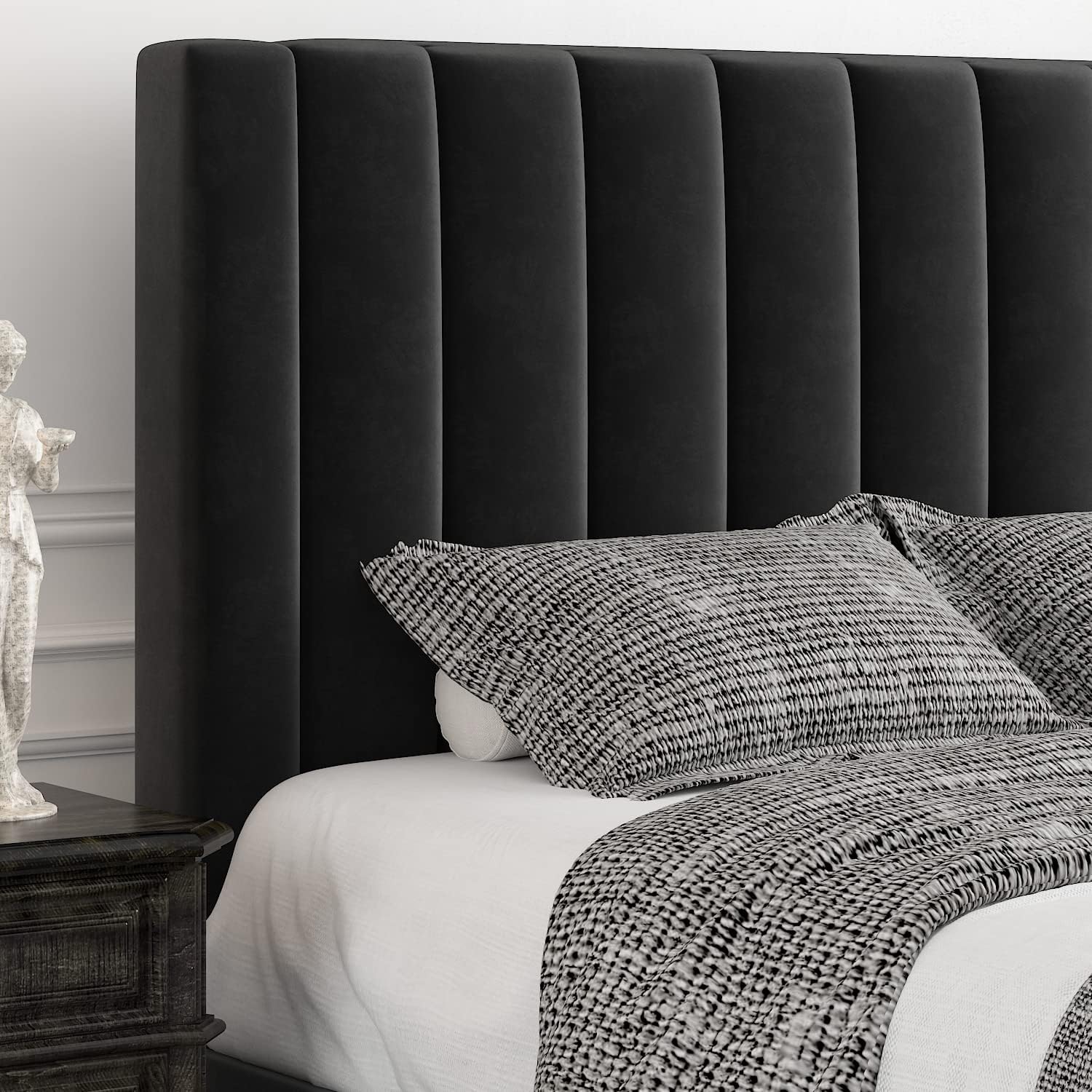 Allewie Queen Bed Frame/Velvet Upholstered Bed Frame with Vertical Channel Tufted Headboard/Strong Wooden Slats/Platform Bed Frame/Mattress Foundation/Box Spring Optional/Easy Assembly/Black