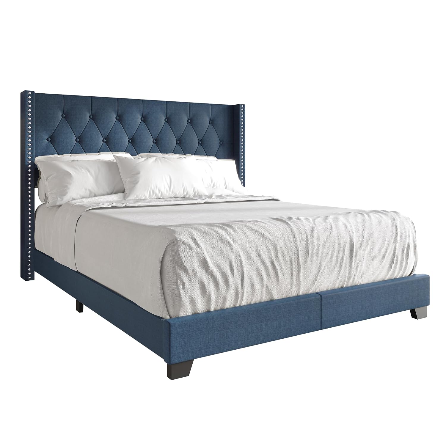 Queen Button Tufted Wingback Linen Upholstered Bed, Blue