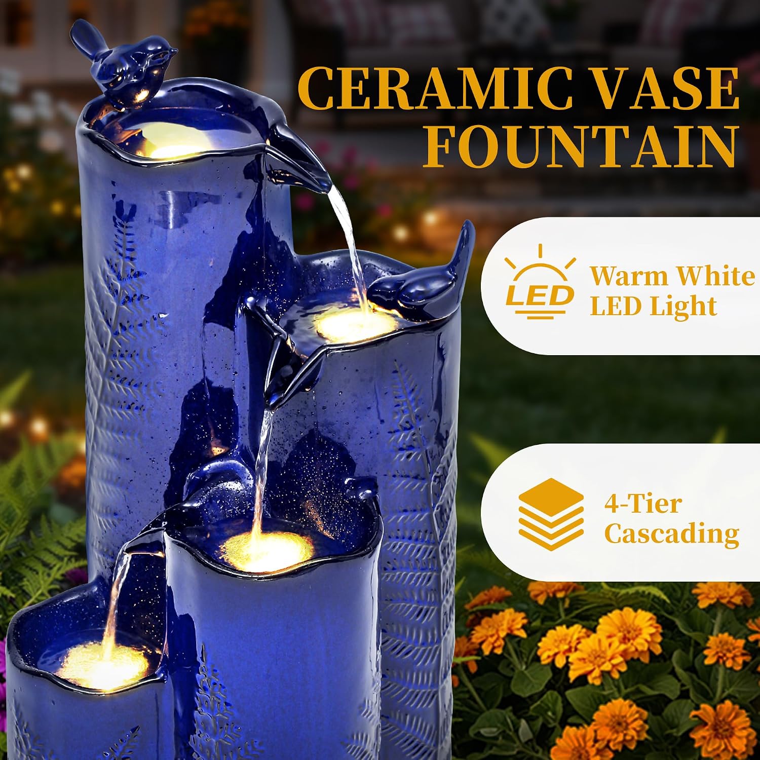 32' Outdoor Water Fountain, Ceramic Outdoor Fountain, Stacked 4-Tier Vase Waterfalls for Garden, Patio, Yard, or Porch Decor, Creating Relaxing Serene Oasis, Embossed Leaf Pattern, Cobalt Blue