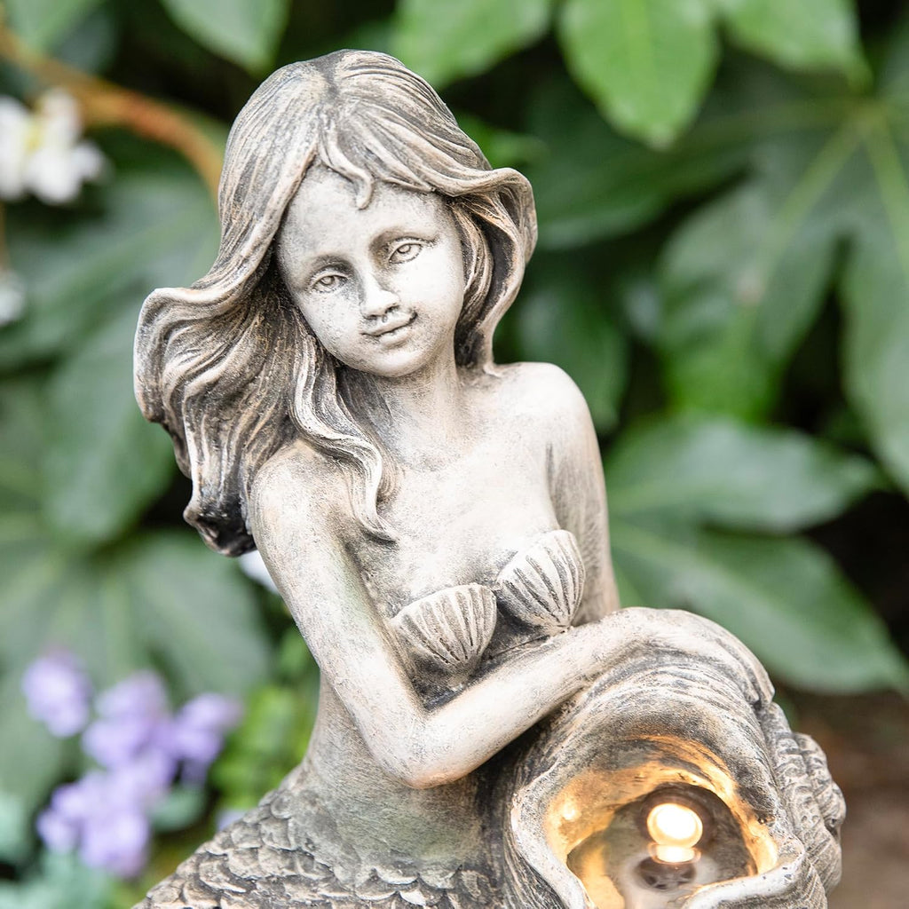 Glitzhome Water Fountain Outdoor, Outdoor Fountain with Lights & Pump, 22.25' H 4-Tiered Concrete Mermaid Polyresin Waterfall Floor Standing Water Feature for Garden, Patio, Yard, Deck, Porch