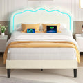 VECELO Upholstered Full Bed Frame with Headboard Adjustable, LED Lights, USB-A & Type-C, Velvet Platform Bed Noise Free, Mattress Foundation with Wooden Slats, No Box Spring Needed, Beige