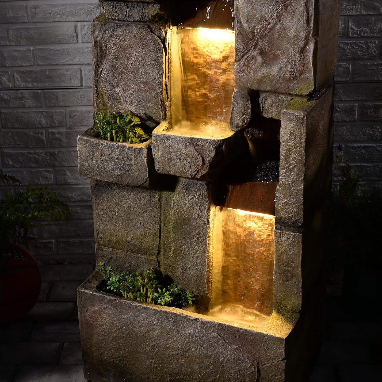 Tall Water Wall Fountain Outdoor with LED Lights, 56.3' Large Resin Cascading Waterfall Feature with Planter Design for Garden Patio Backyard Décor, Large Outdoor Fountain