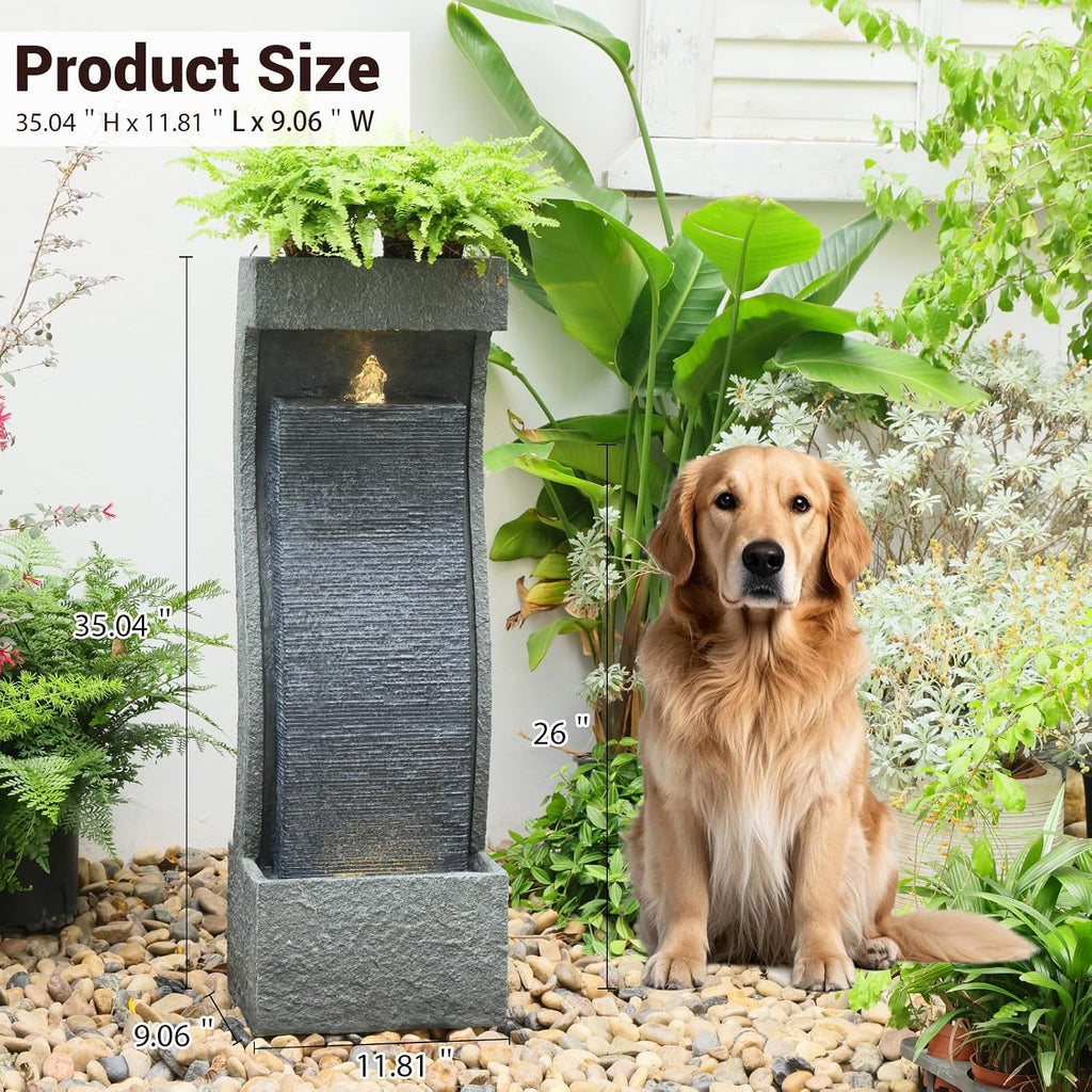 Sunlinua 35H Modern Outdoor Water Fountain with Warm Light Garden Cascading Waterfall Feature for Indoor or Outdoor Cascading Waterfall for Relaxing Garden Patio Backyard Deck Porch or Home Décor