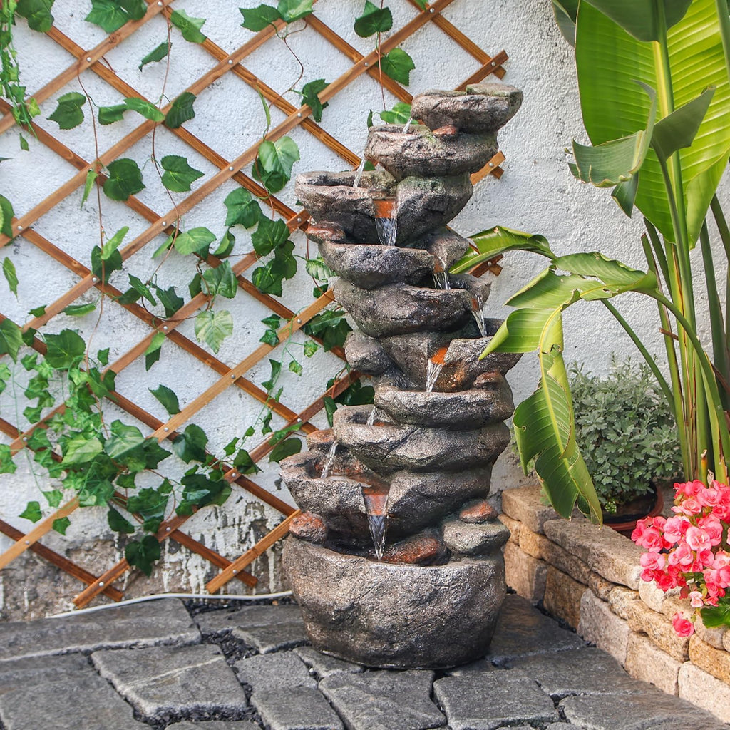 YZM 10-Tier Cascading Rock Water Fountain Outdoor Garden Waterfall Fountains Patio Backyard Deck Porch Pond Art Decor for Outside 39.76' H Outdoor Feature with LED Lights