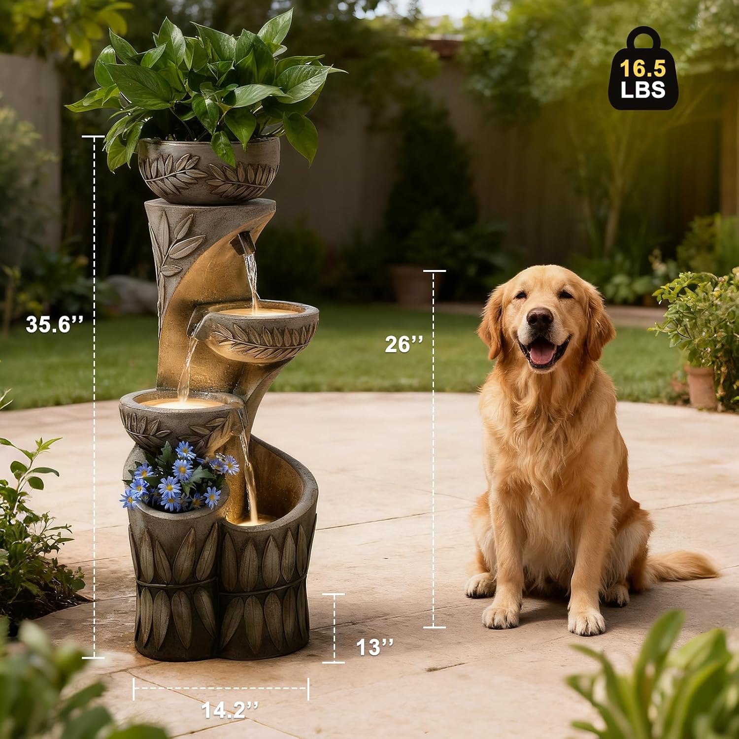 35.6' H Outdoor Water Fountain - Relief Leaf Design 4 Tiers Modern Cascading Bowls and Garden Fountains with Lights for Patio, Deck, Porch, Lawns, Backyard and Home Art Decor