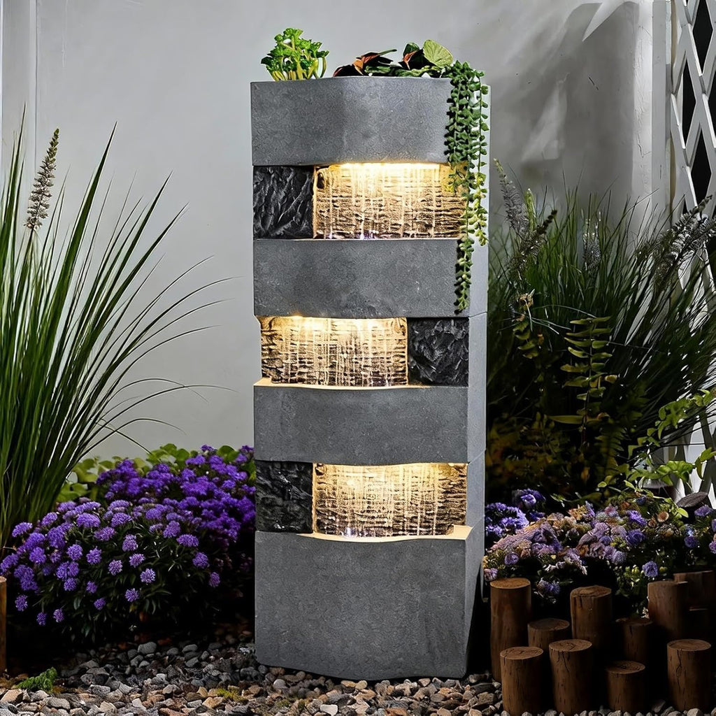 Sunlinua 40.5' H Modern Outdoor Water Fountain with LED Lights – Tall Garden Waterfall Fountain for Patio, Yard, Landscape or Indoor Decor, 4 Tiers Floor Standing Waterfall Outdoor Fountains