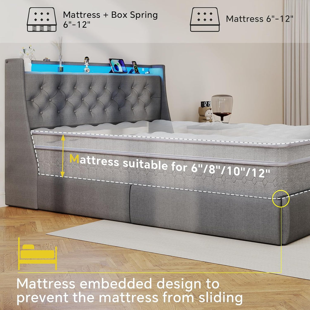 SADENICEL King Size Bed Frame with Storage Headboard, Metal Platform Bed Frame King with 4 Drawer, LED Light, Charging Station, No Box Spring Needed, Noise Free, Easy Assembly, Grey