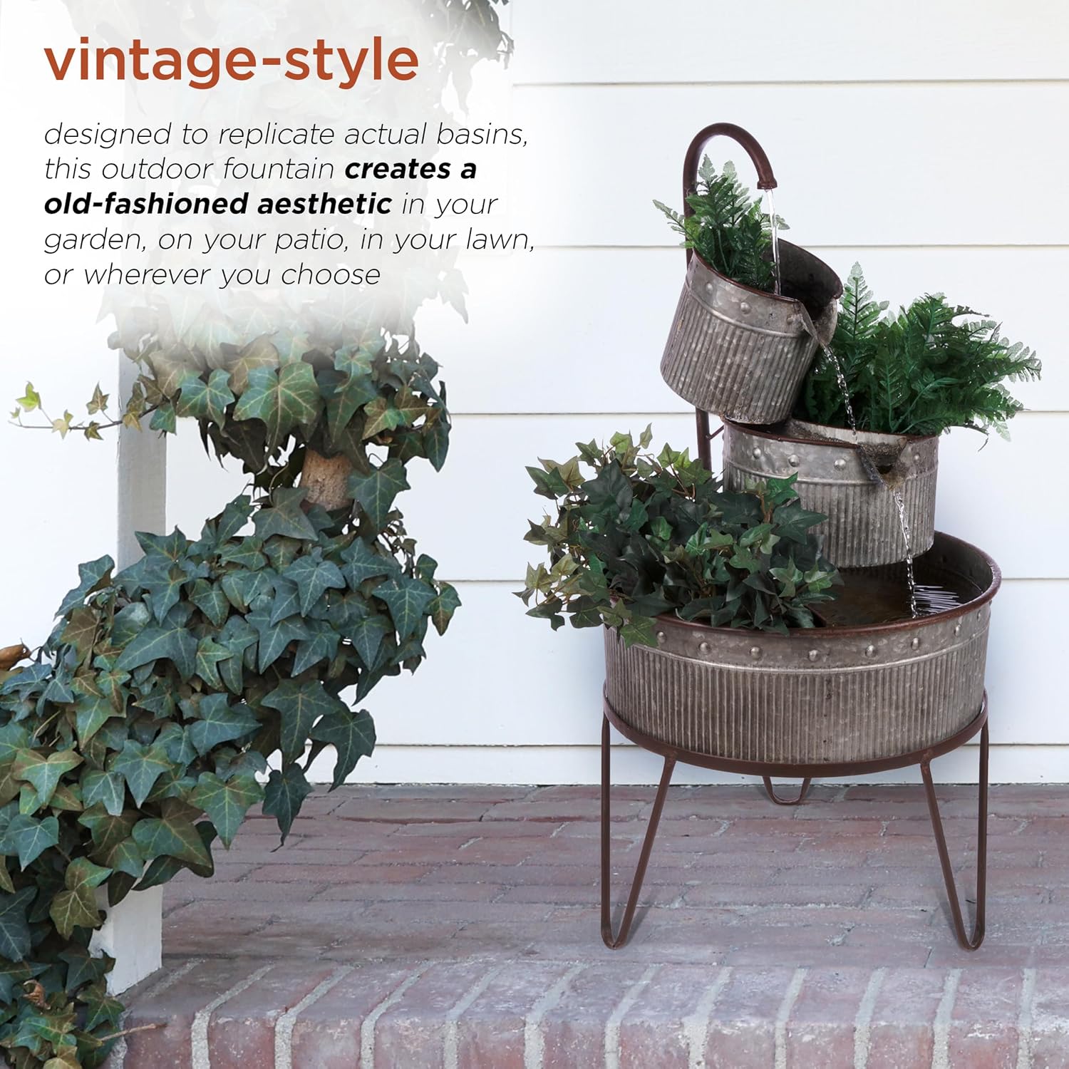 Alpine Corporation YHL684 33' Outdoor Floor 3-Tier Vintage Tubs and Planters Fountain, Rustic Metal Cascading Waterfall Feature for Gardens, Patios, and Yards, Silver