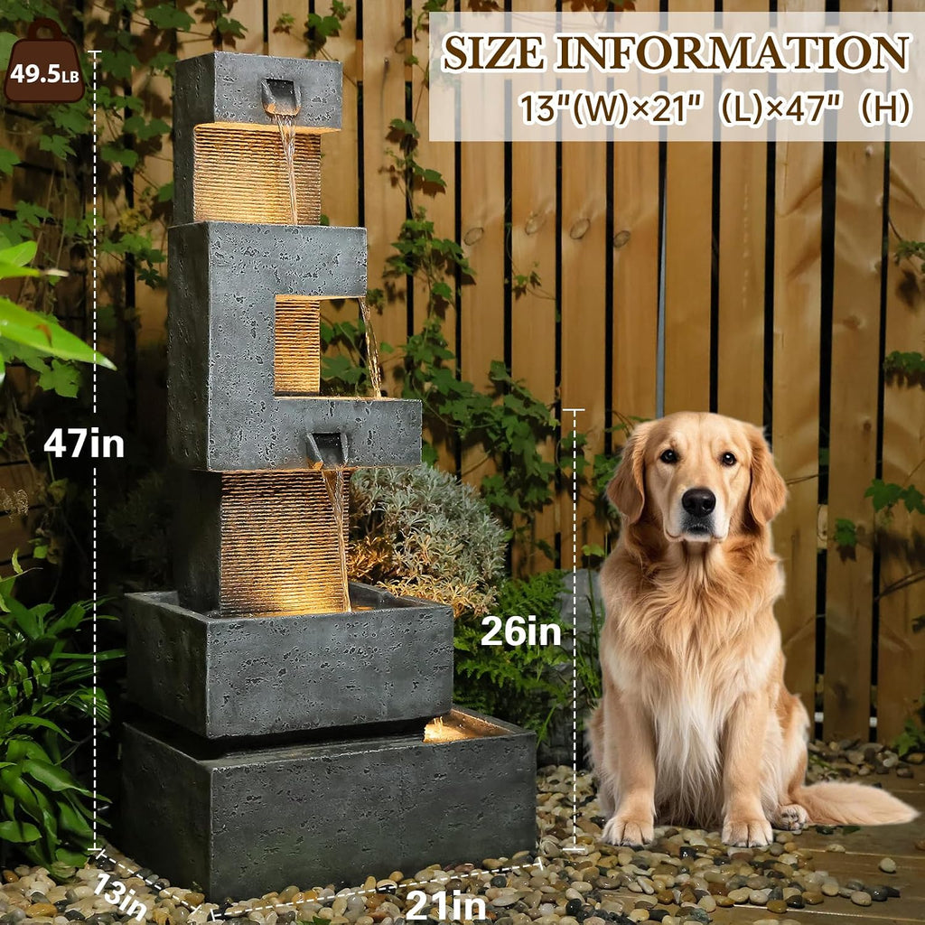 Sunlinua 48.4' H Outdoor Water Fountain with 4 Tiers Cascading Realistic Rock Waterfall Fountains with LED Lights Outdoor Water Fountain for Garden Patio Backyard Porch Home Decor