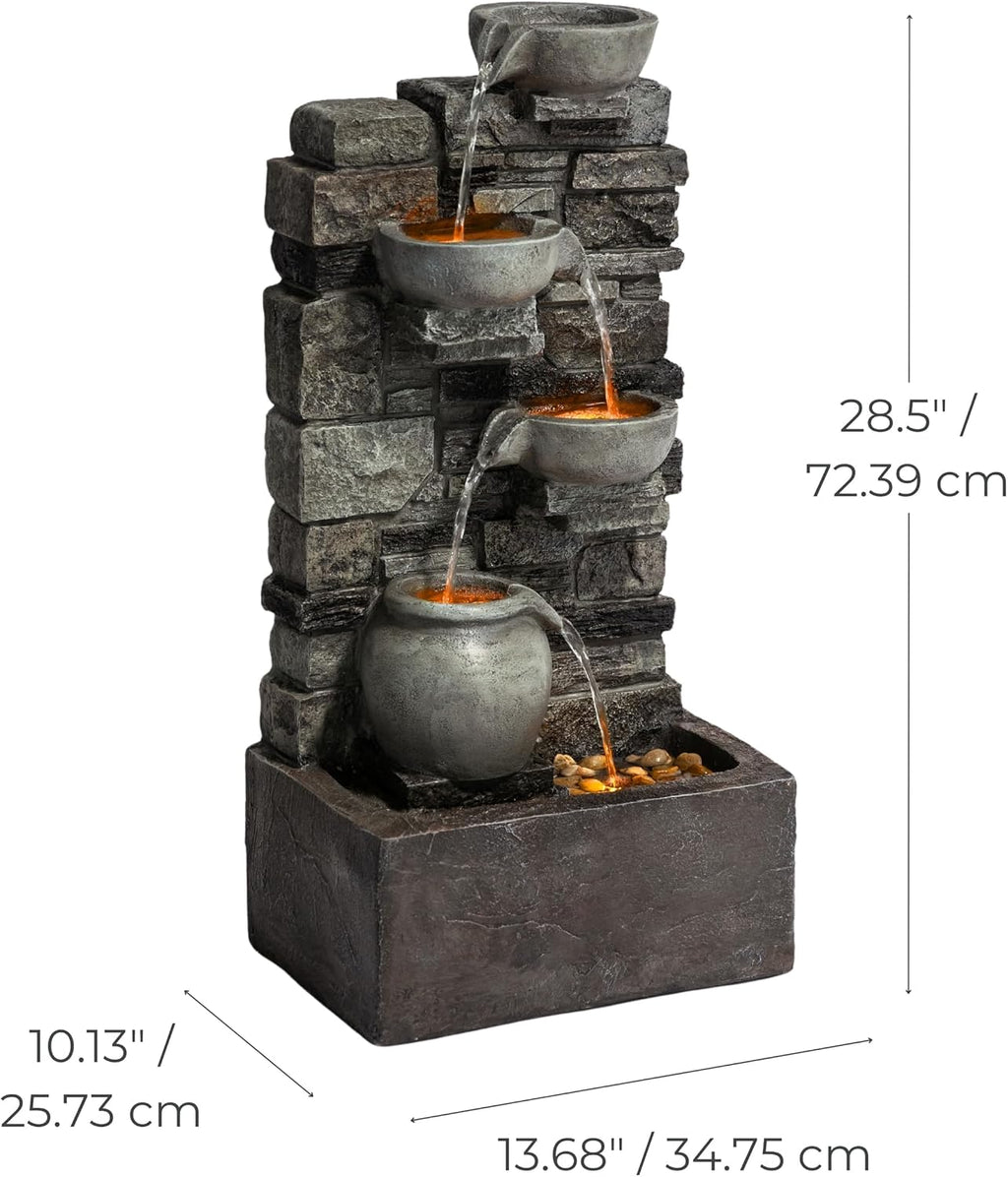 Teamson Home 28.5' Outdoor 4-Tier Stacked Stone Cascading Water Fountain with LED Lights, Gray