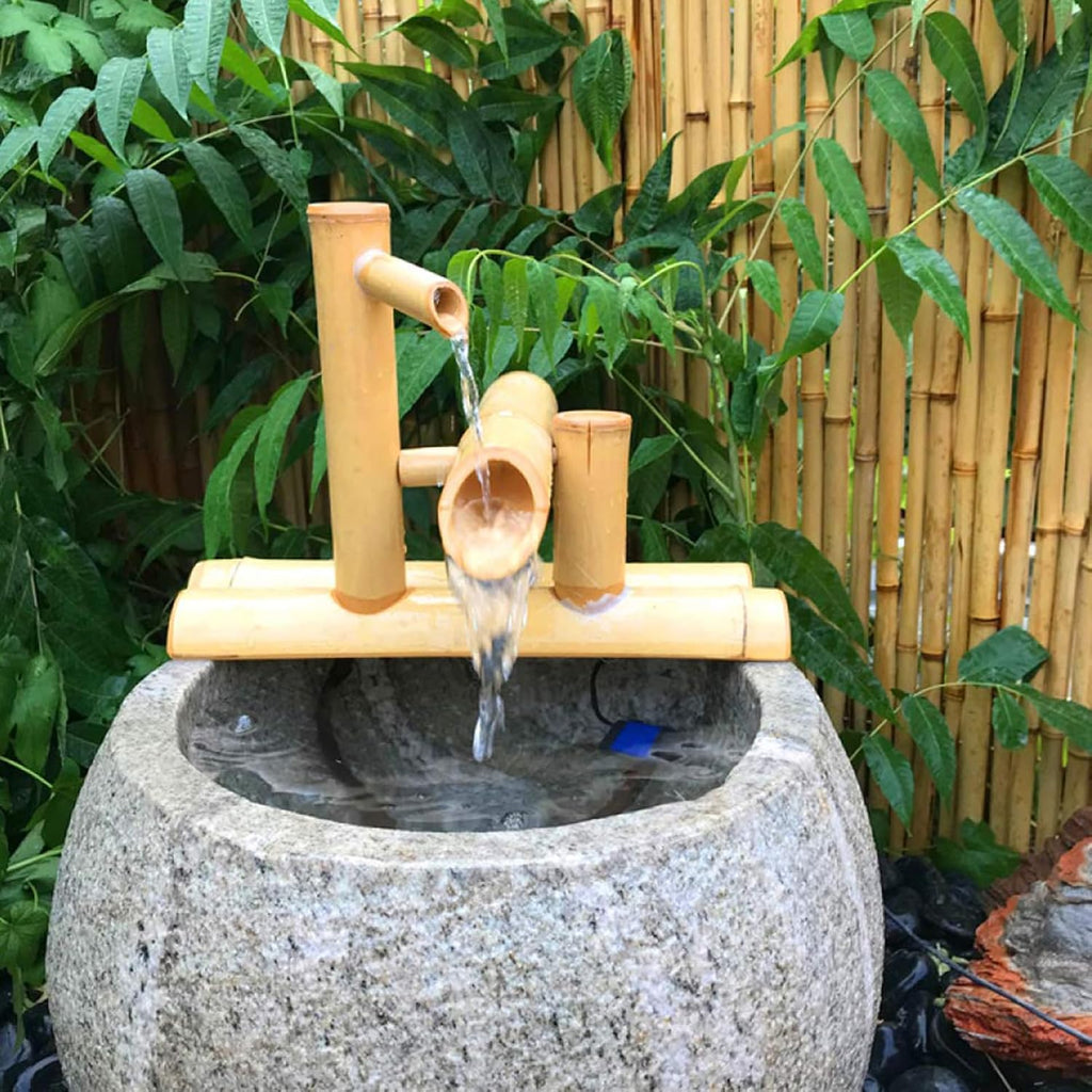 Japanese Bamboo Water Fountain Kit, Zen Garden Waterfeature with Pump and Water Spoon, Split-Resistant Bamboo, Indoor Outdoor Zen Garden Water Features