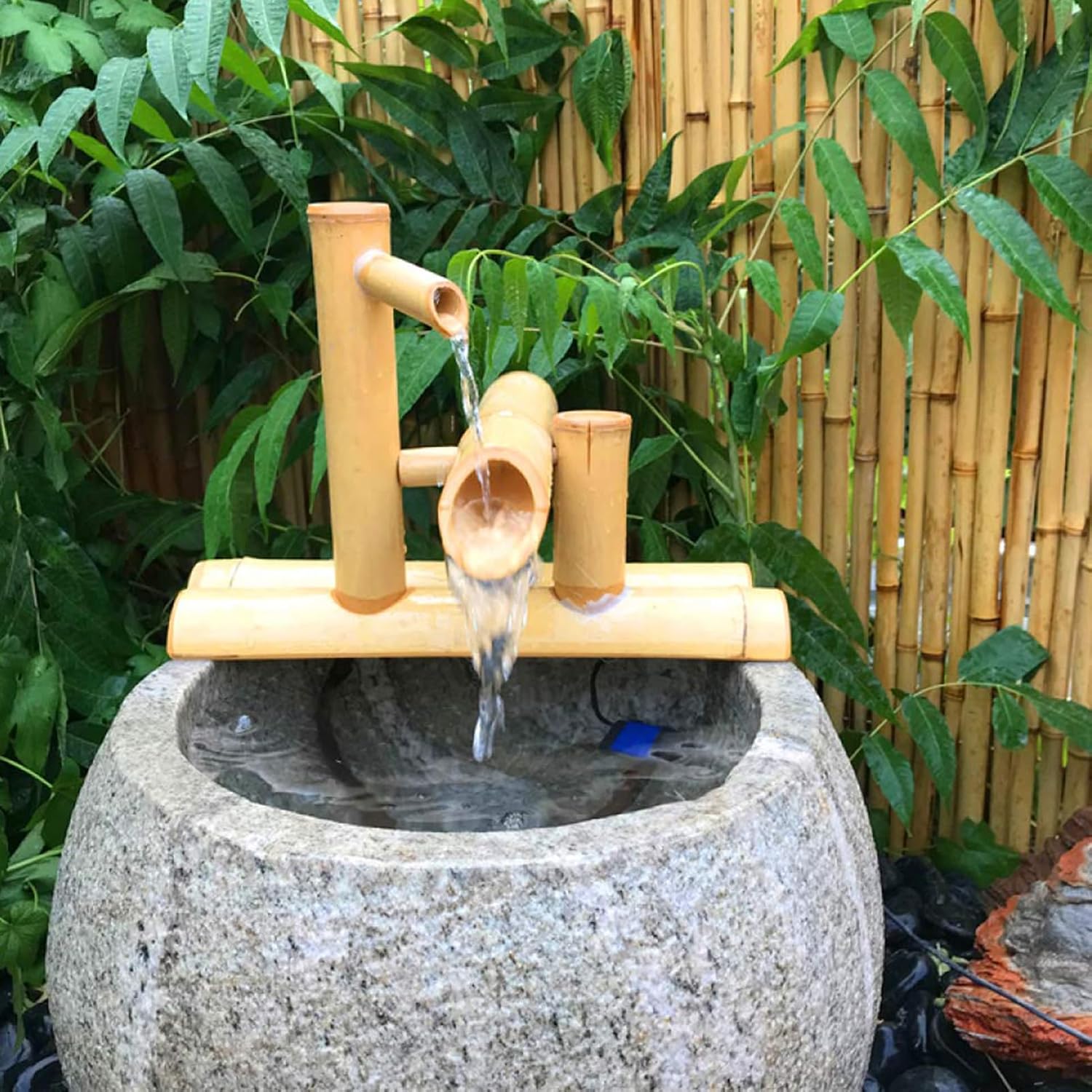 Japanese Bamboo Water Fountain Kit, Zen Garden Waterfeature with Pump and Water Spoon, Split-Resistant Bamboo, Indoor Outdoor Zen Garden Water Features
