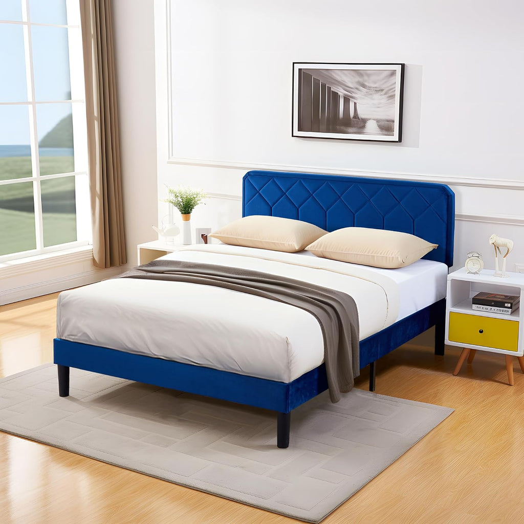 VECELO Queen Size Bed Frame, Velvet Upholstered Platform with Adjustable Headboard, Mattress Foundation with Solid Wood Slats, No Box Spring Needed, Easy Assembly