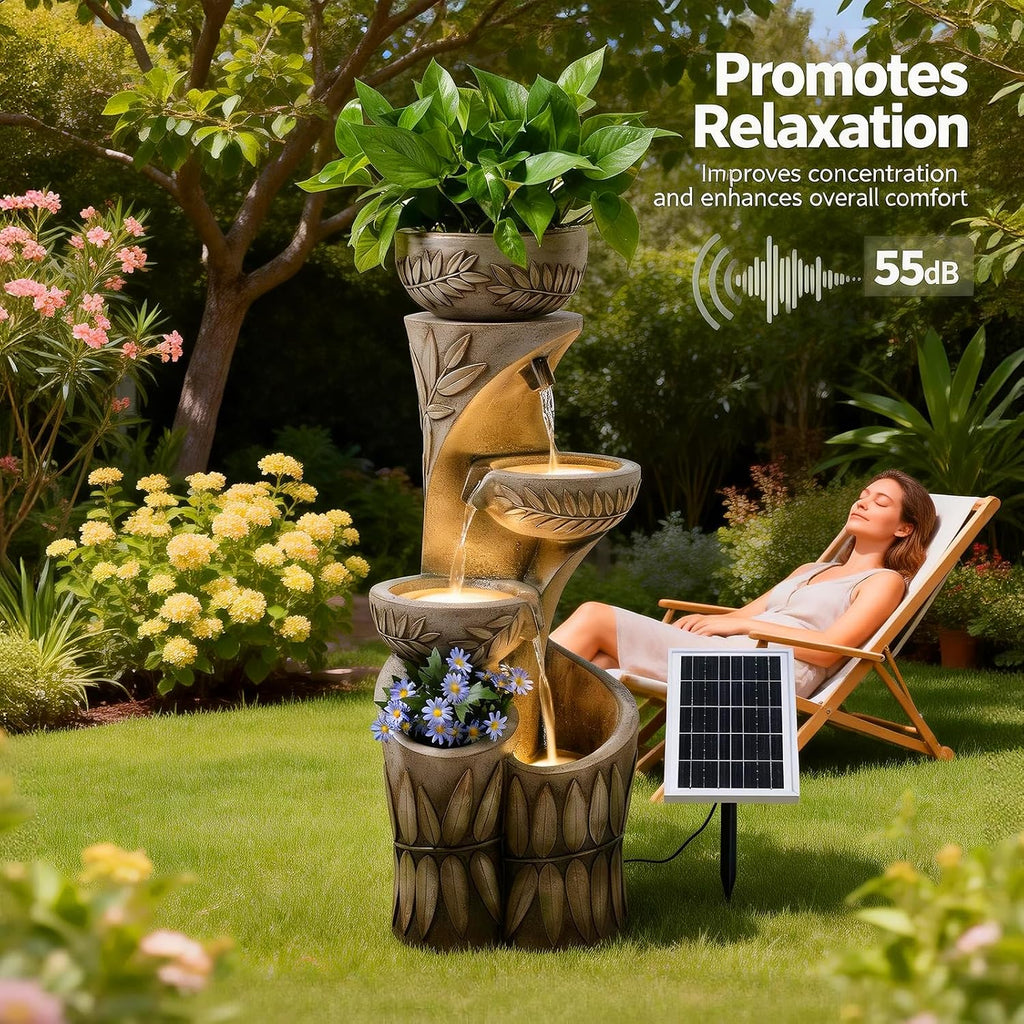 35.6' Solar Outdoor Water Fountain - Relief Leaf Design 4 Tiers Modern Cascading Bowls and Garden Fountains with Lights for Patio, Deck, Porch, Lawns, Backyard and Home Art Decor