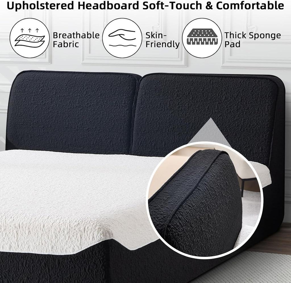 CANMOV Queen Size All-in-one Fully Compressed Sponge Bed Frame, Modern Floor Bed with Breathable Memory Foam Mattress & Headboard, Medium Firm Support, No Assembly Required, Black