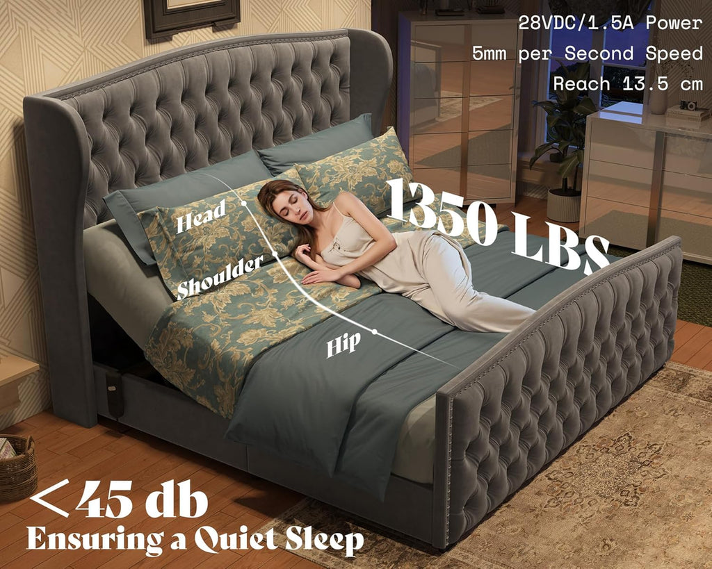 AMERLIFE 51' H Queen Size Adjustable Bed Frame with Velvet Upholstered and Deep Button Tufted Headboard, Electric Bed with Dual Motor/Nailhead Trim Wingback, No Box Spring Needed, Grey