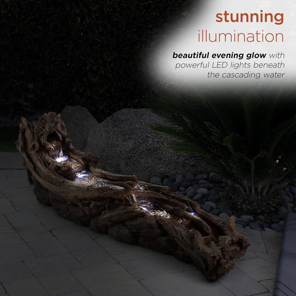 Alpine Corporation 80' Long Indoor/Outdoor Wood River Log Water Fountain with LED Lights, Cascading Natural Water Feature for Gardens, Patios, Yards, and Outdoor Decor, Brown and Gray