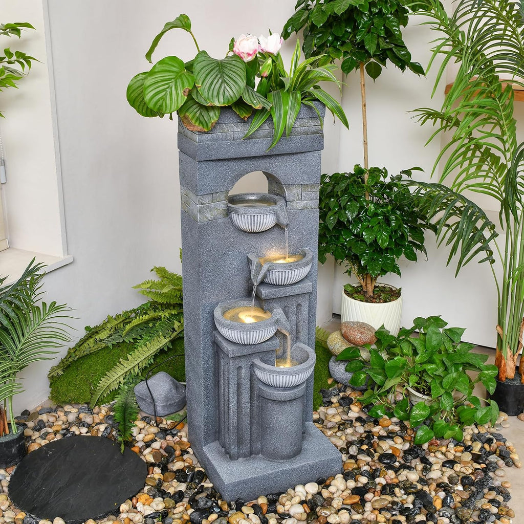 42.52' Outdoor Garden Water Fountain with Lights Floor-Standing 4 Tiers Cascading Large Waterfall Fountain for Patio, Backyard, Deck, Porch and Home Art Decor