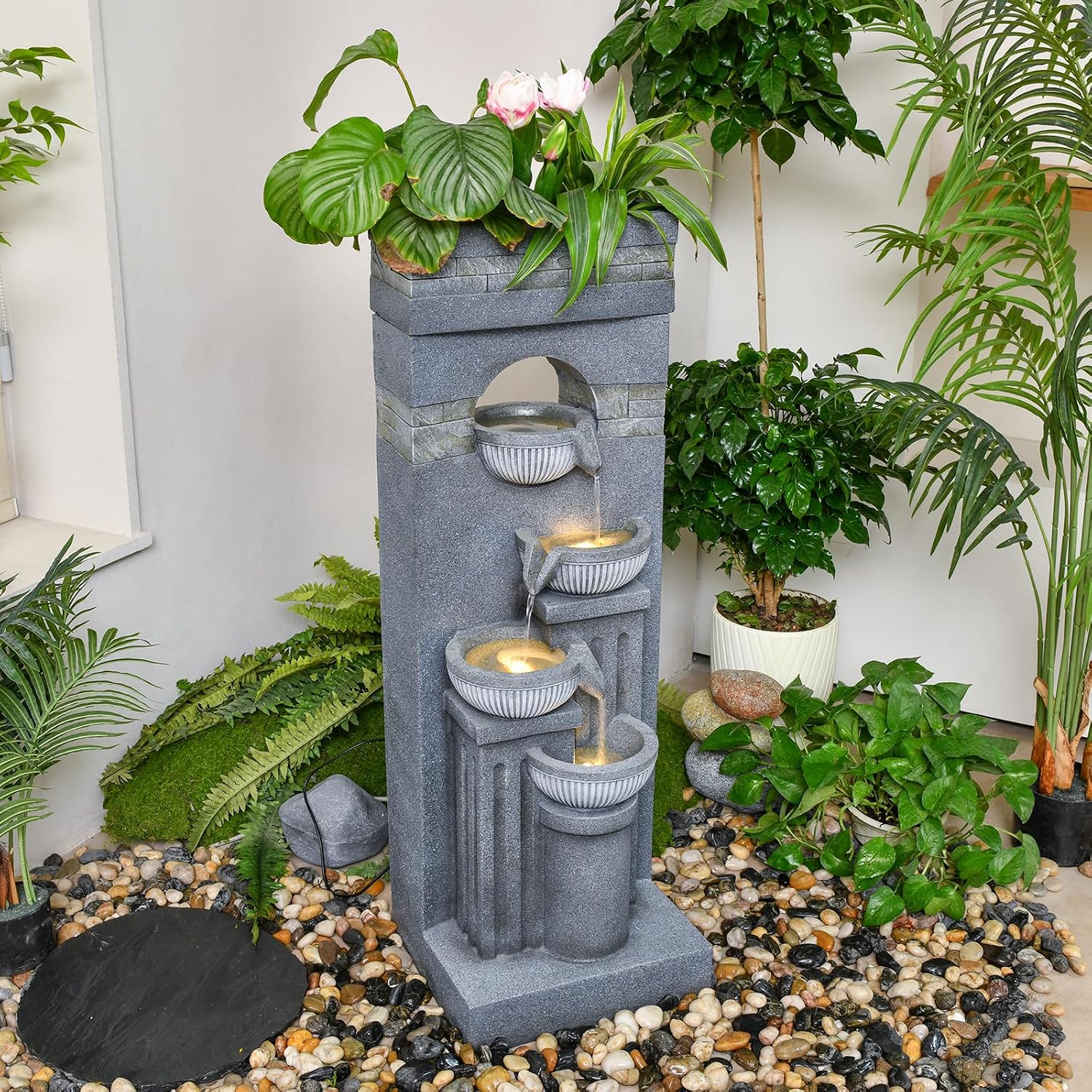 42.52' Outdoor Garden Water Fountain with Lights Floor-Standing 4 Tiers Cascading Large Waterfall Fountain for Patio, Backyard, Deck, Porch and Home Art Decor