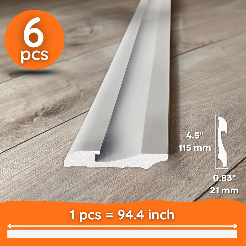 6-Piece 94.5″ (47.25 ft) LED Baseboard & Crown Molding with Duct Kit for Seamless Ambient Home Accent Lighting | Waterproof Channel for Easy LED Strip Installation (Baseboard Molding | ASL-002-A)