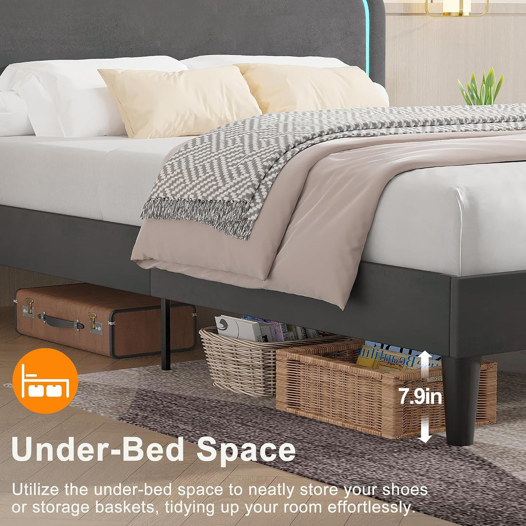 VECELO Upholstered Queen Size Bed Frame with Headboard Adjustable, LED Lights, USB-A & Type-C, Velvet Platform Bed Noise Free, Mattress Foundation with Wooden Slats, No Box Spring Needed, Dark Grey