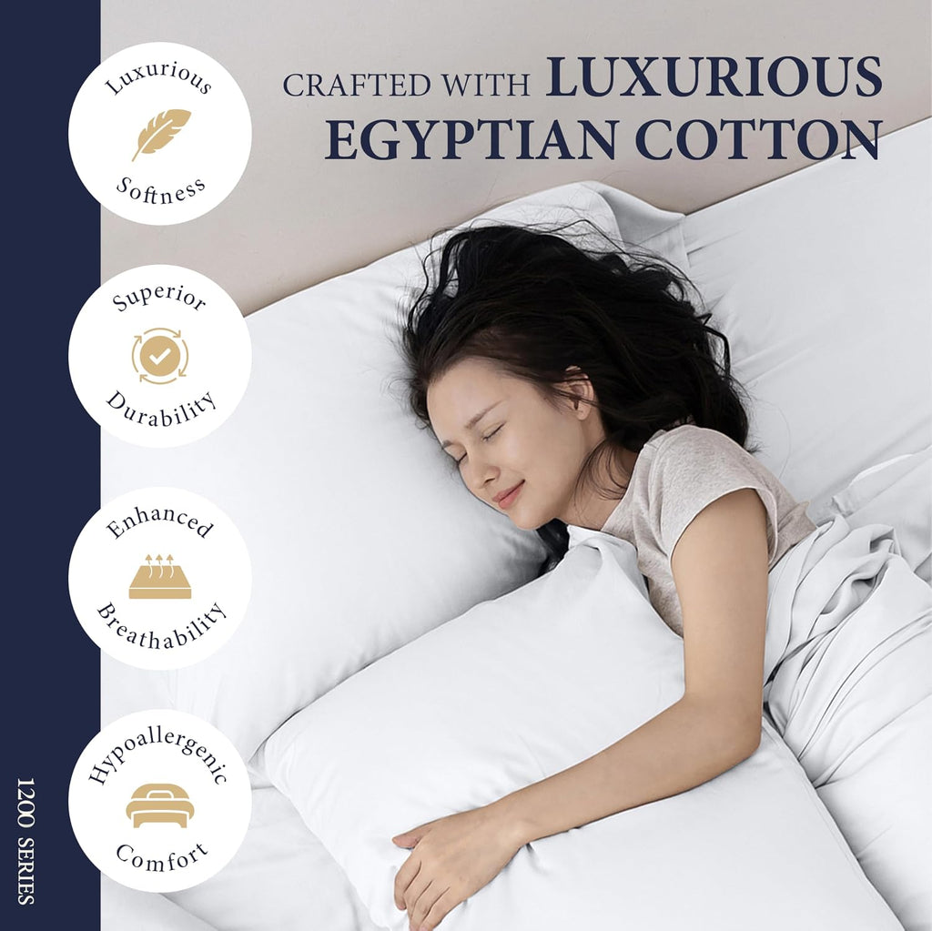 100% Egyptian Cotton Queen Size Sheets Set - Luxury 1200 Series Signature Collection Egyptian Cotton Sheet (4 PC, White), Soft Cooling, Sateen Weave, 17' Deep Pocket Hotel Bed Set