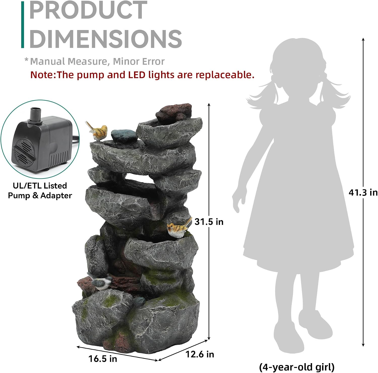 31.5' Multi-Tier Rock Outdoor Water Fountain with LED Lights, Cascading Waterfall with Birds for Garden Patio Porch, Weather-Resistant Resin Water Feature for Tranquil Oasis
