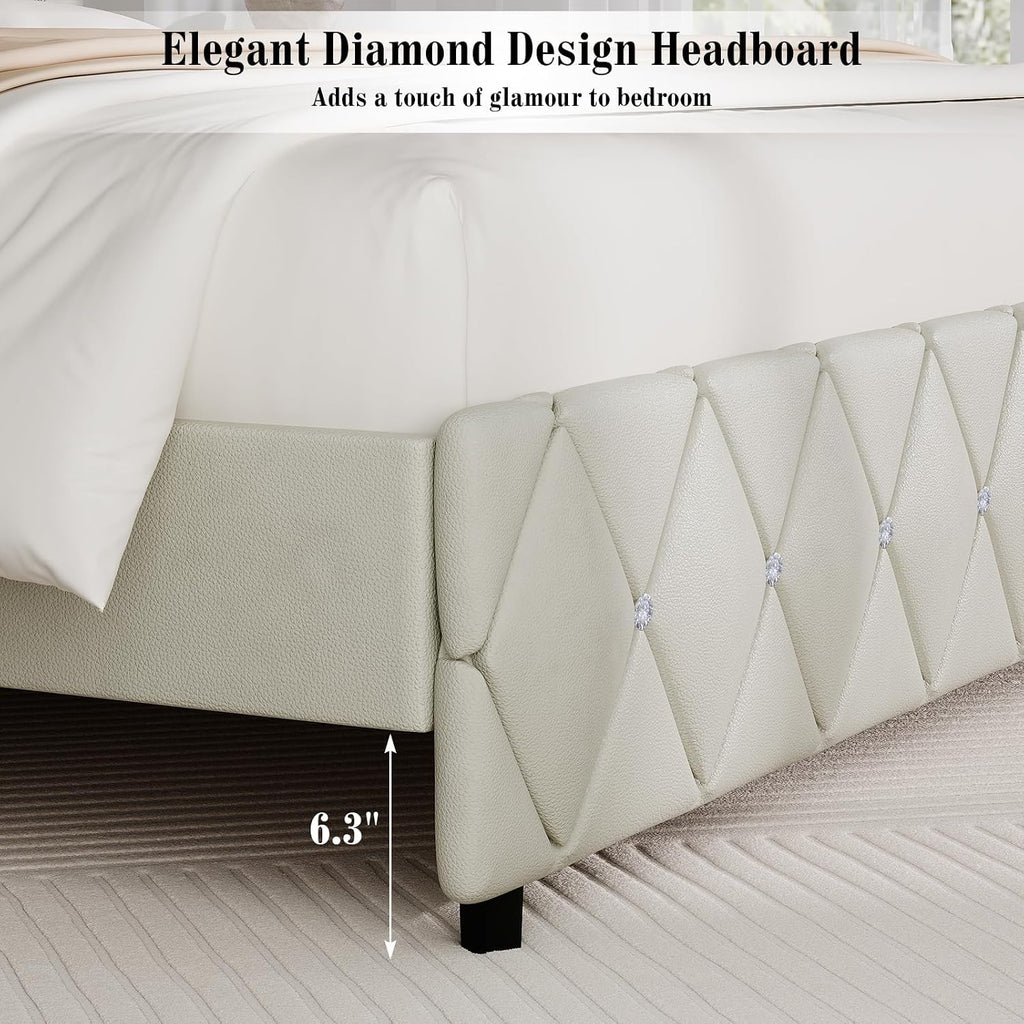 BarnFurin King Bed Frame with Diamond Tufted Headboard, Faux Leather Upholstered Bed with Wooden Slats Support, No Box Spring Needed, Mattress Foundation, Easy Assembly, Cream