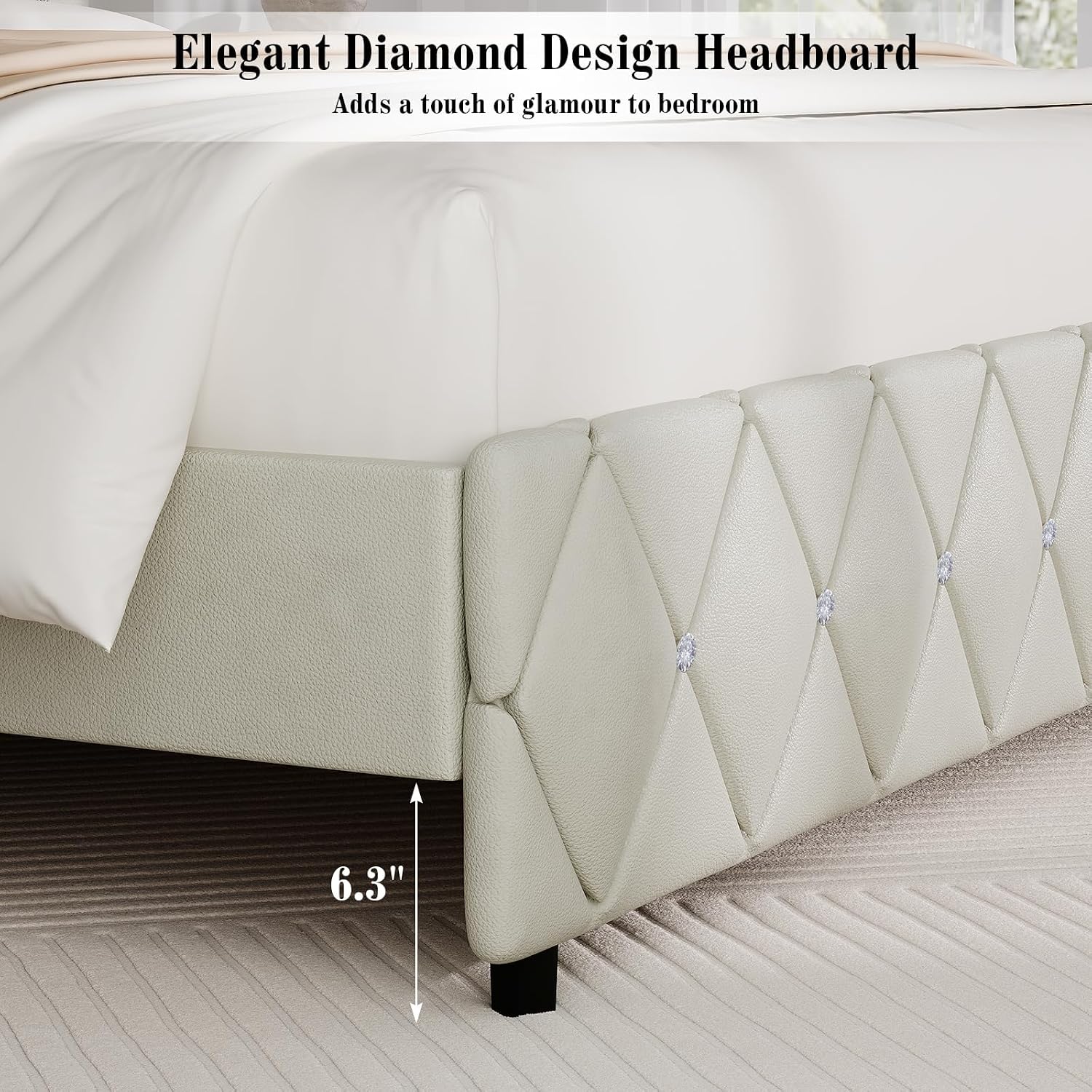 BarnFurin King Bed Frame with Diamond Tufted Headboard, Faux Leather Upholstered Bed with Wooden Slats Support, No Box Spring Needed, Mattress Foundation, Easy Assembly, Cream