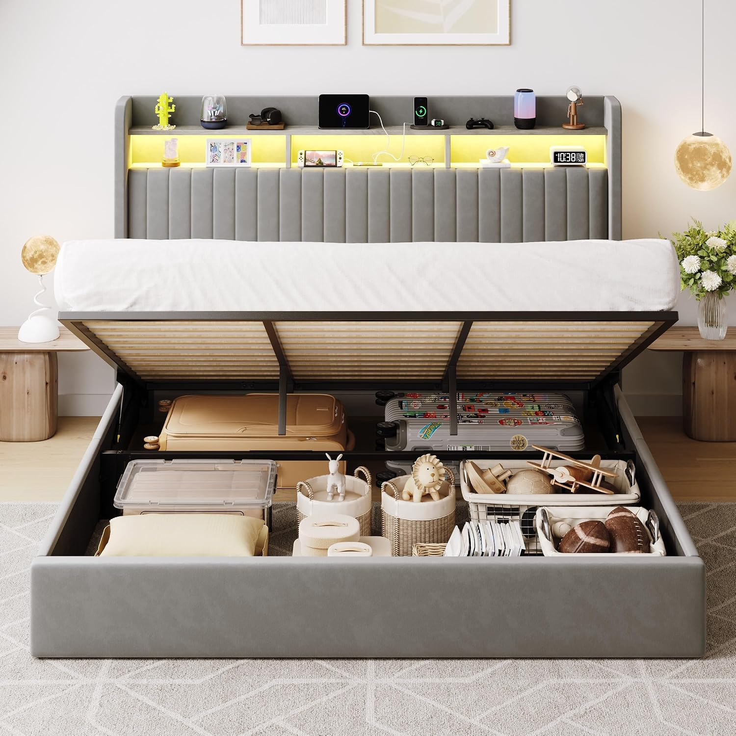 SHA CERLIN King Size Lift Up Storage Bed Frame/LED Lights/Charging Station/2-Tier Shelves Headboard/USB,Type-C Ports/Velvet Upholstered/Hydraulic Support/No Box Spring Needed/Noise Free/Gray