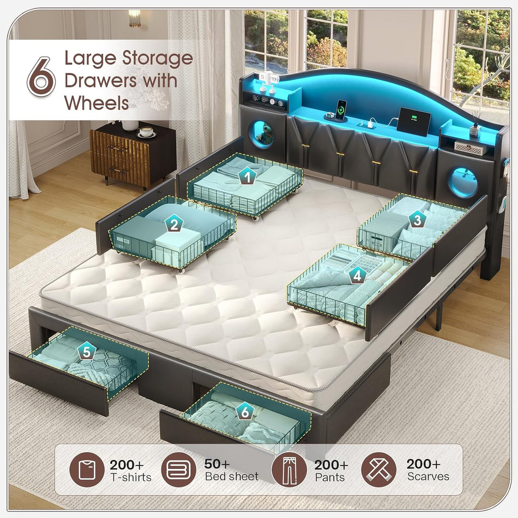 California King Bed Frame with 6 Storage Drawers, Platform Cal King Bed Frame with Headboard, LED Lights&Charging Station, Noise-Free, No Box Spring Needed, Easy Assembly, PU Black